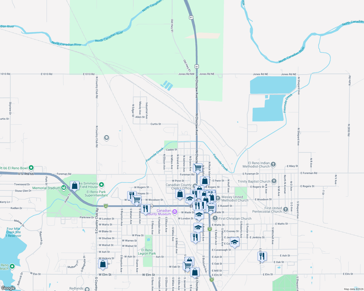map of restaurants, bars, coffee shops, grocery stores, and more near 907 North Admire Avenue in El Reno