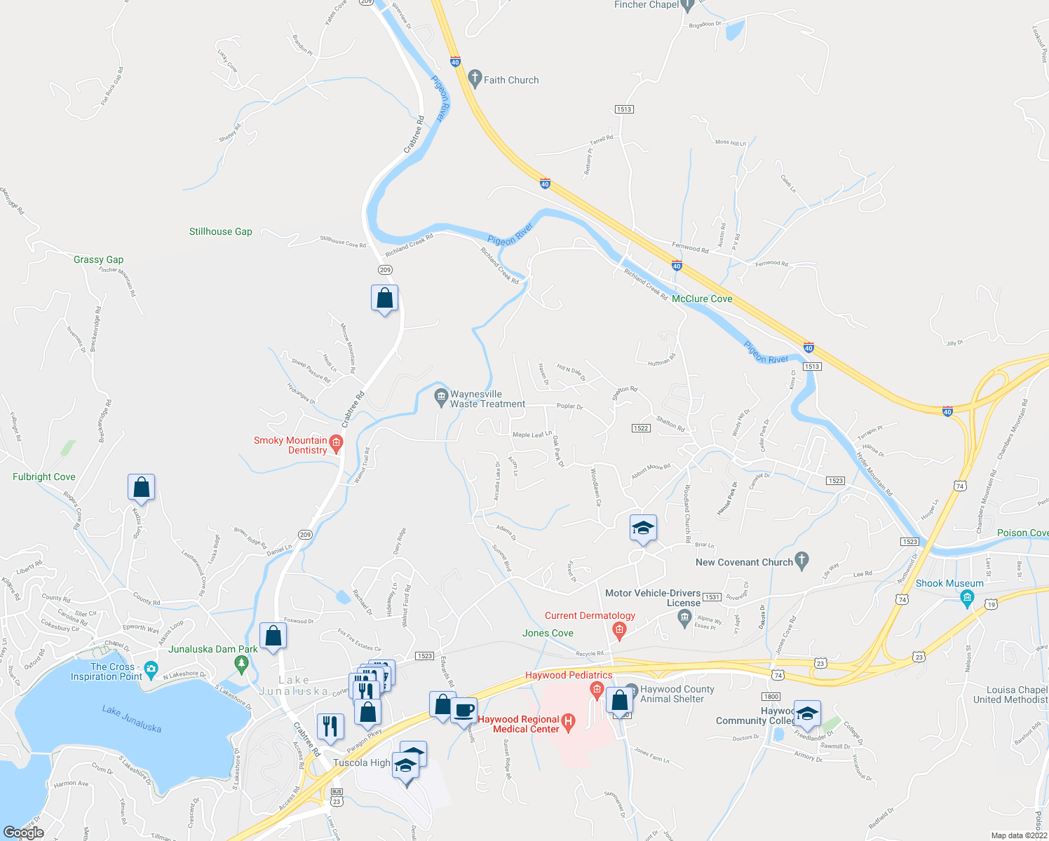 map of restaurants, bars, coffee shops, grocery stores, and more near 46 Loop Road in Clyde