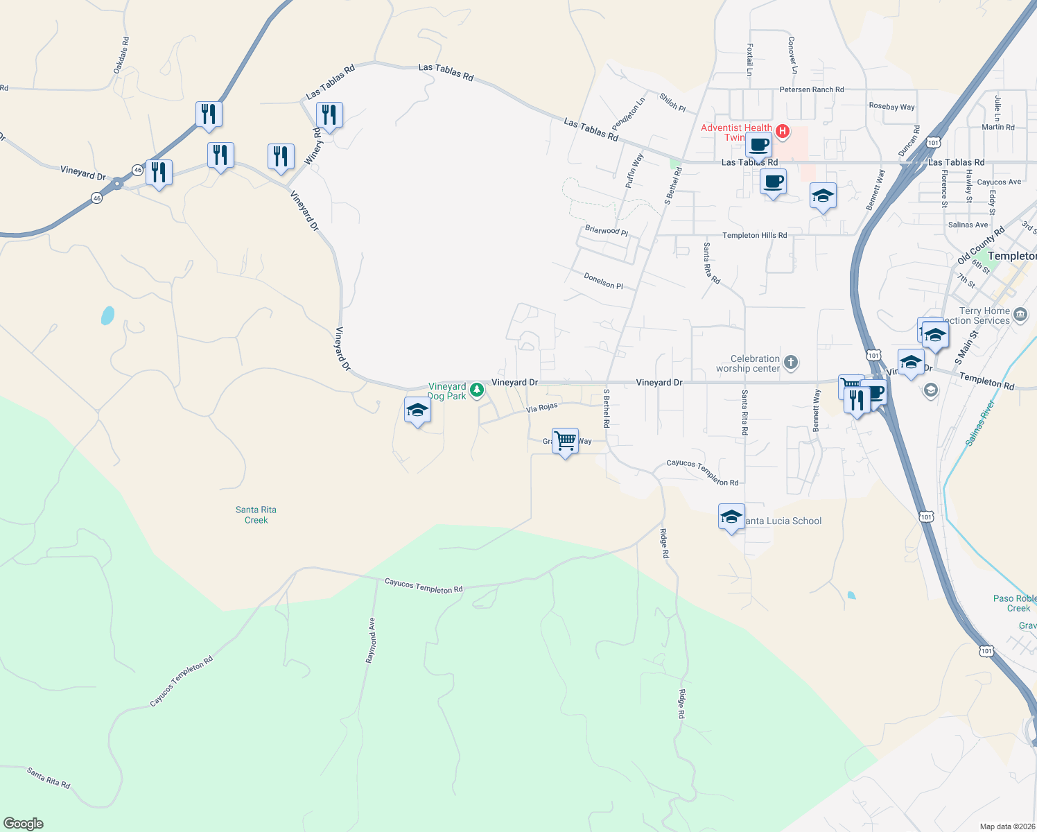map of restaurants, bars, coffee shops, grocery stores, and more near 1725 Via Rojas in Templeton