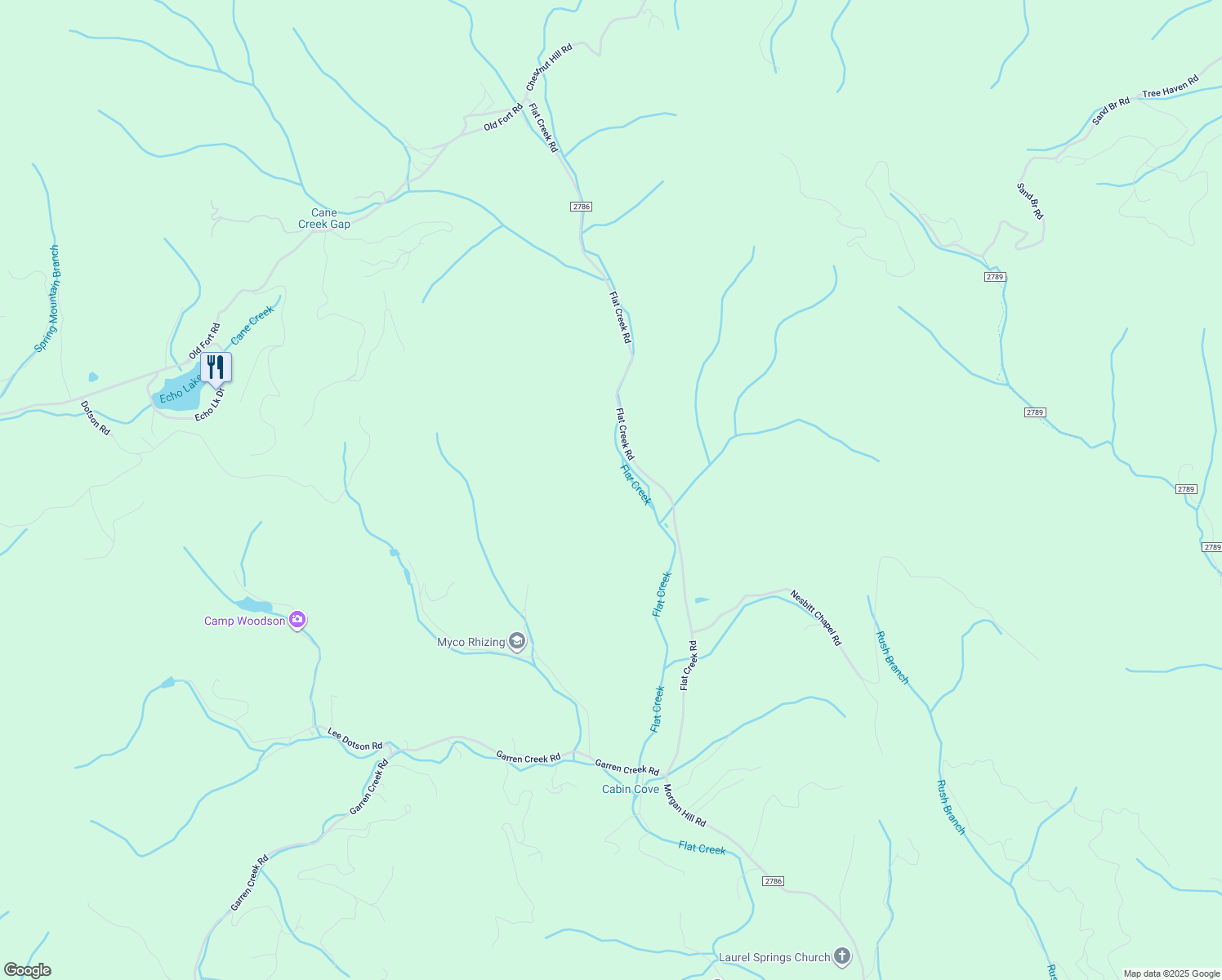 map of restaurants, bars, coffee shops, grocery stores, and more near 275 Flat Creek Road in Fairview