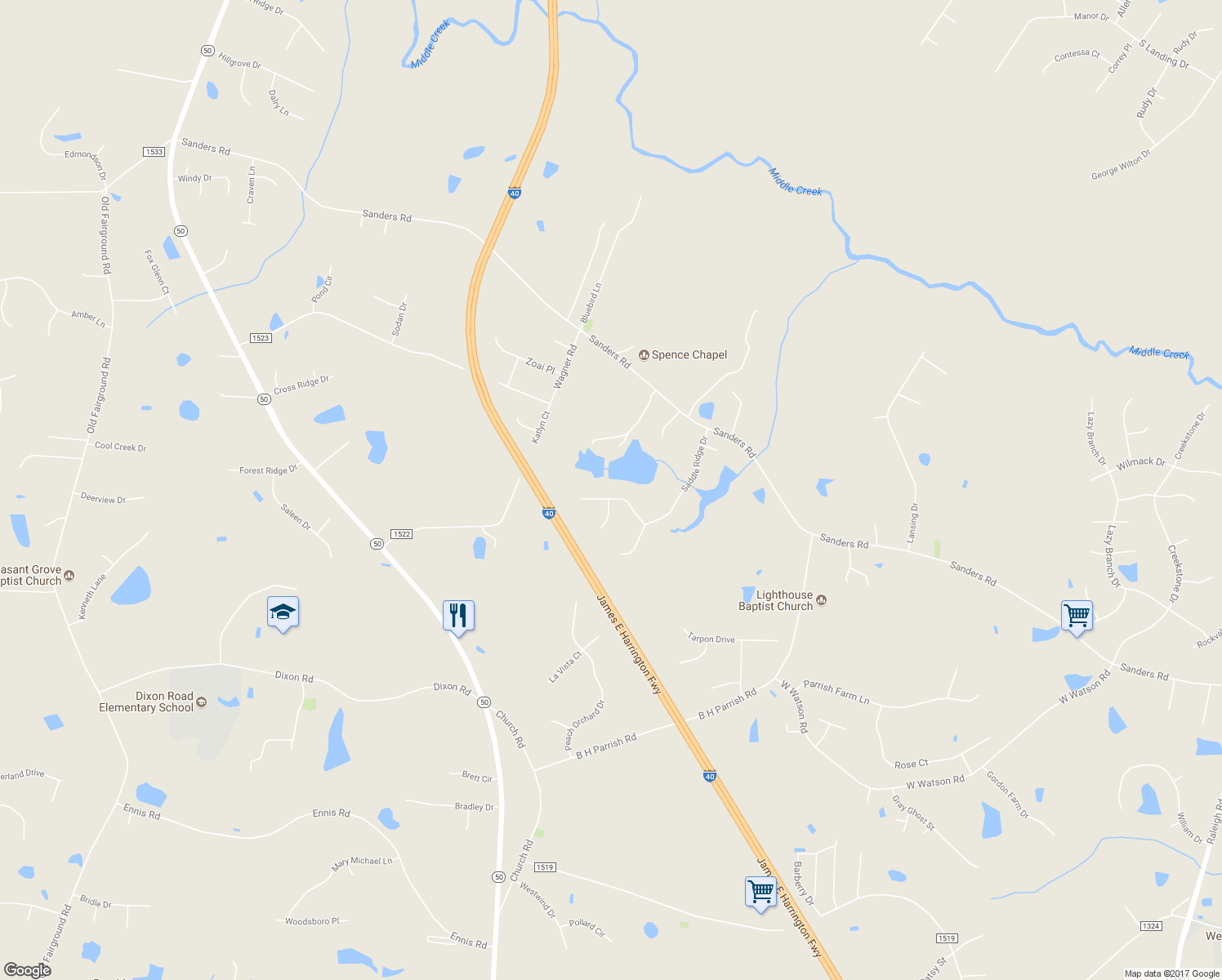 map of restaurants, bars, coffee shops, grocery stores, and more near 146 Roping Horn Way in Johnston County