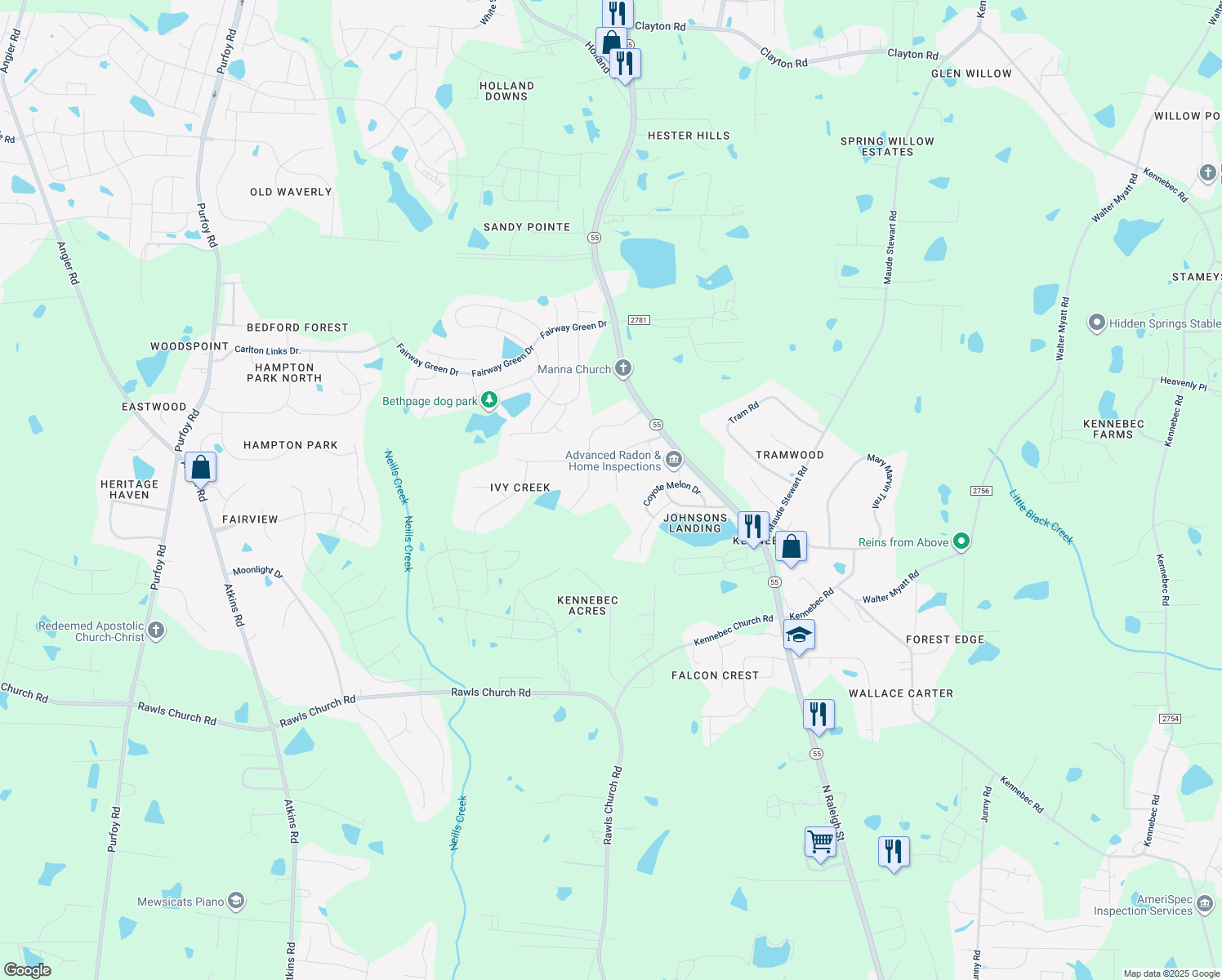 map of restaurants, bars, coffee shops, grocery stores, and more near 7916 Lagenaria Drive in Angier