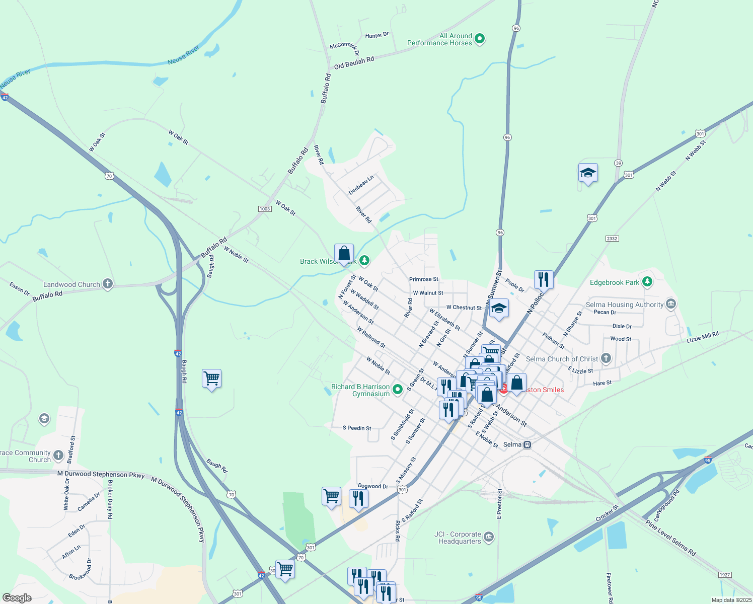 map of restaurants, bars, coffee shops, grocery stores, and more near 1004 West Waddell Street in Selma