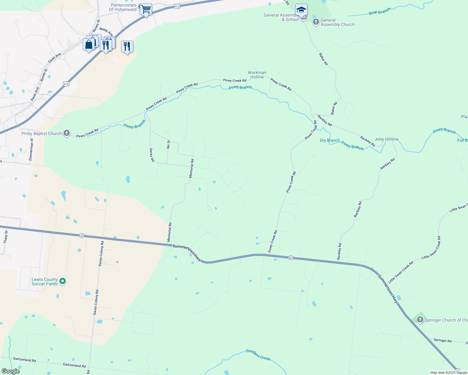 map of restaurants, bars, coffee shops, grocery stores, and more near 205 Swiss Rd in Hohenwald