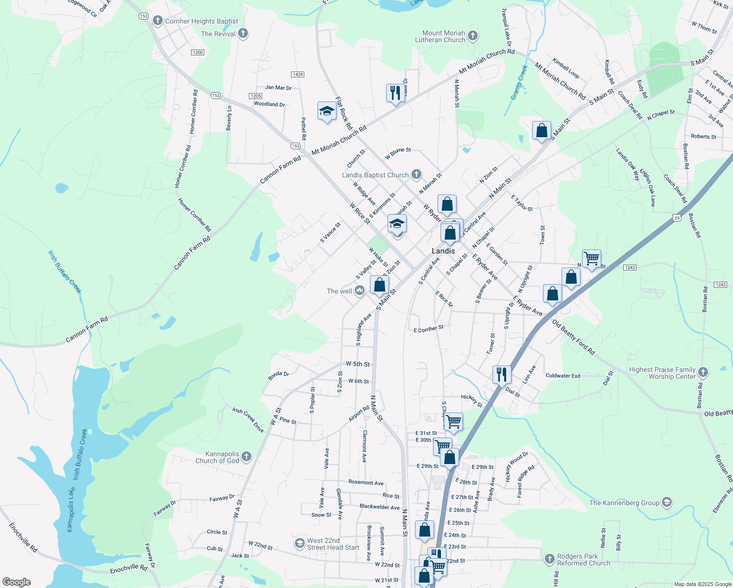map of restaurants, bars, coffee shops, grocery stores, and more near South Zion Street in Landis