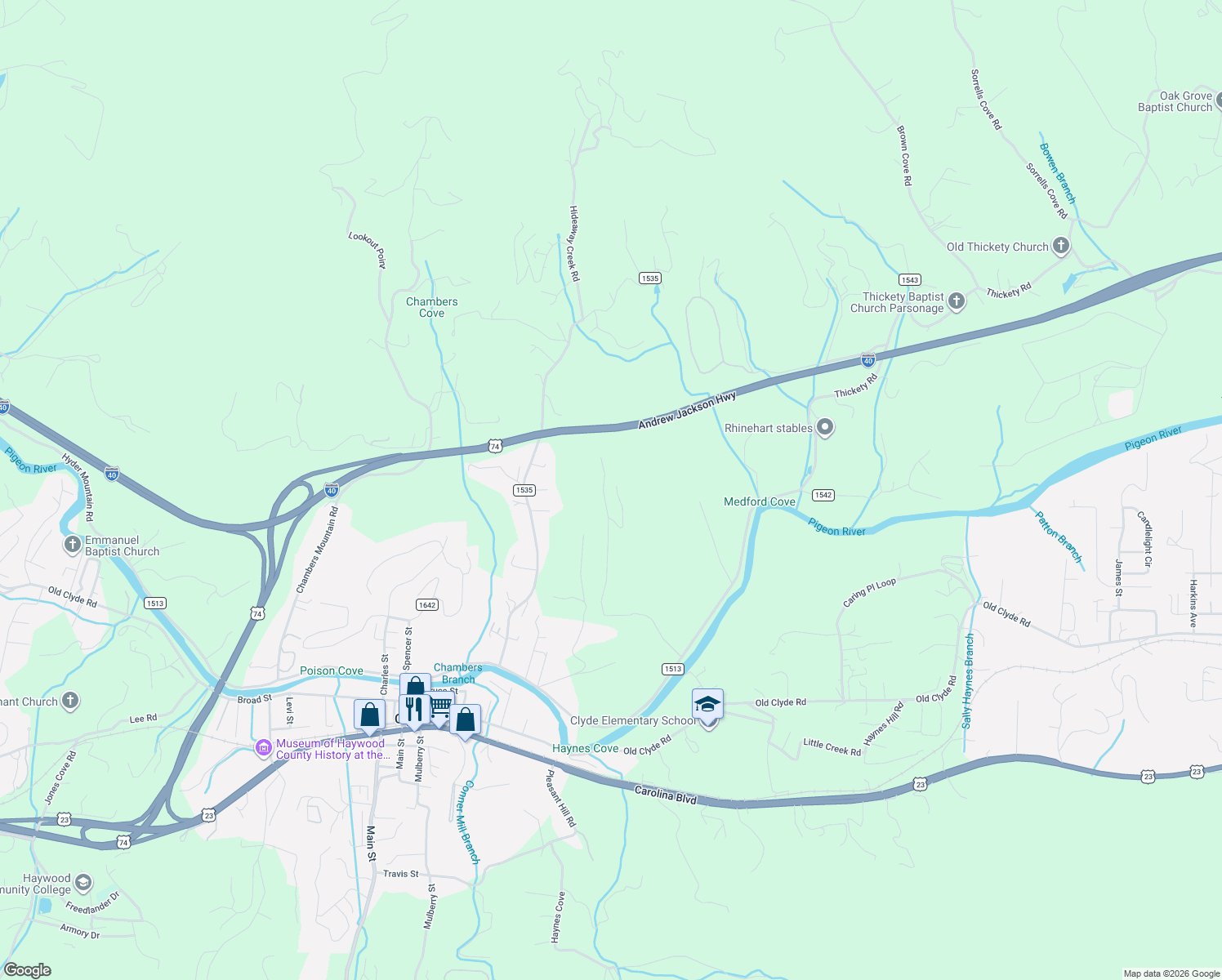 map of restaurants, bars, coffee shops, grocery stores, and more near 609 Nellie John Drive in Clyde