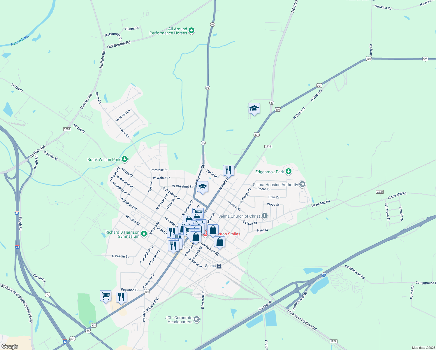 map of restaurants, bars, coffee shops, grocery stores, and more near 302 Poole Drive in Selma