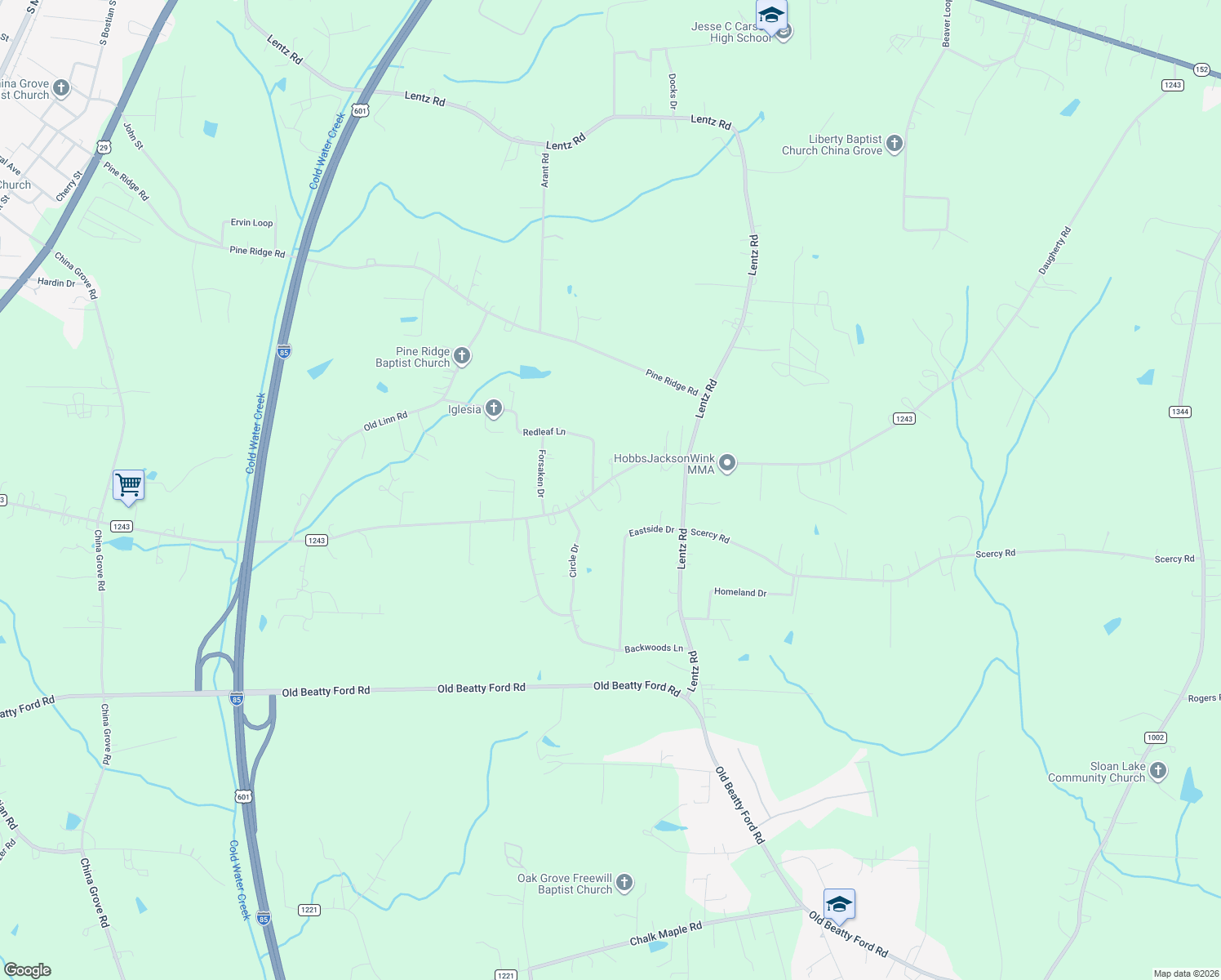 map of restaurants, bars, coffee shops, grocery stores, and more near 2335 Daugherty Road in China Grove