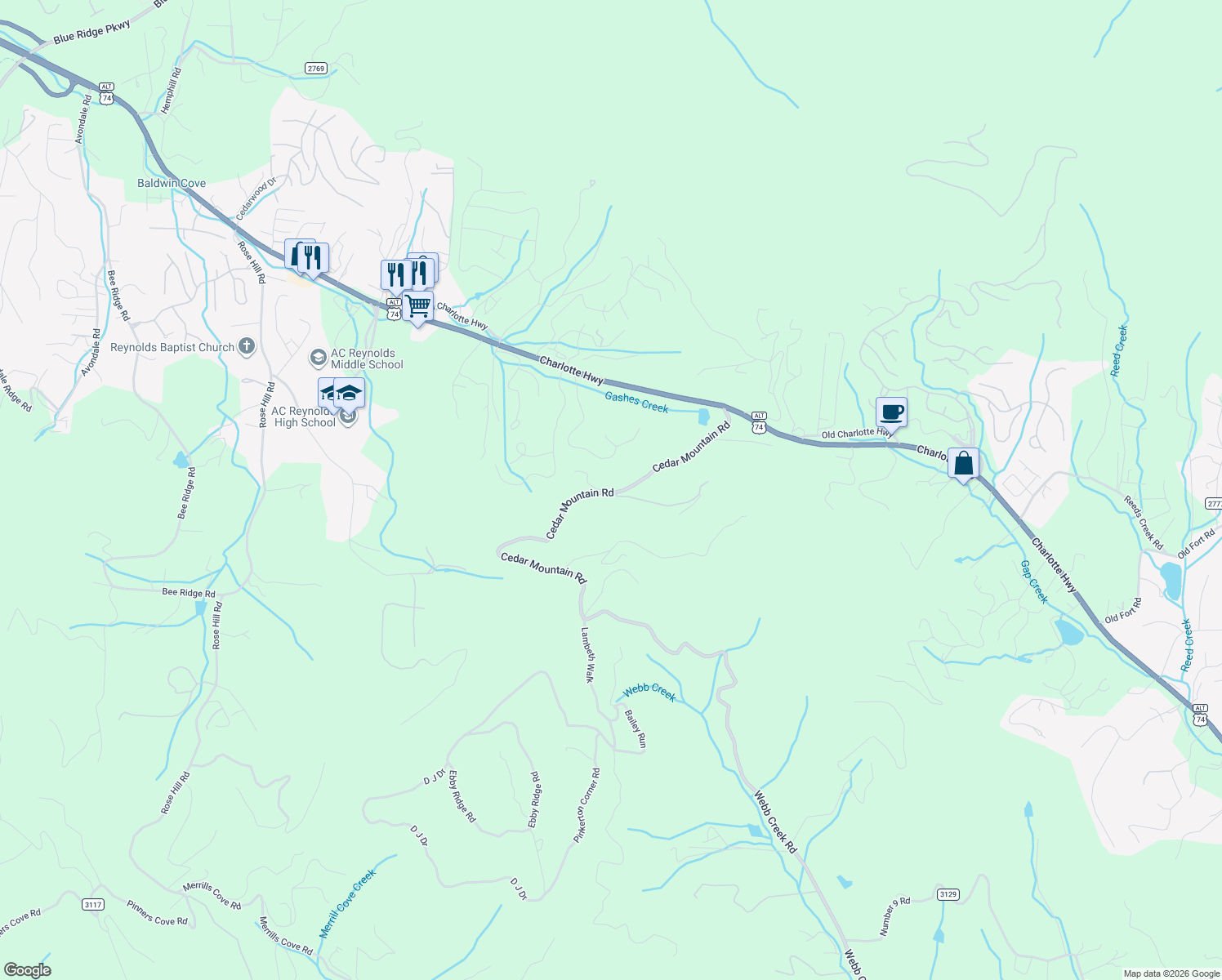map of restaurants, bars, coffee shops, grocery stores, and more near 67 Cedar Mountain Road in Asheville