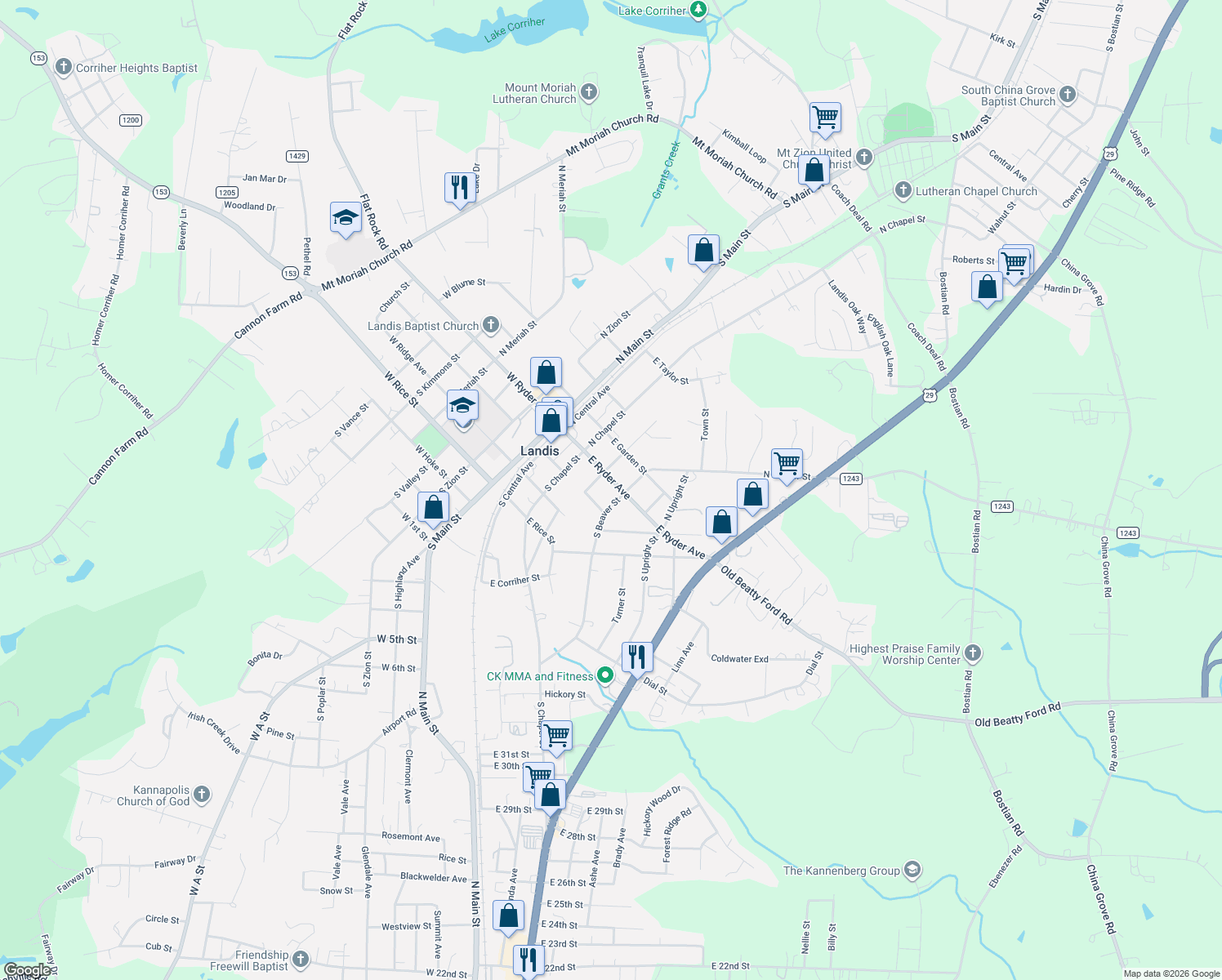 map of restaurants, bars, coffee shops, grocery stores, and more near 408 E Ryder Ave in Landis