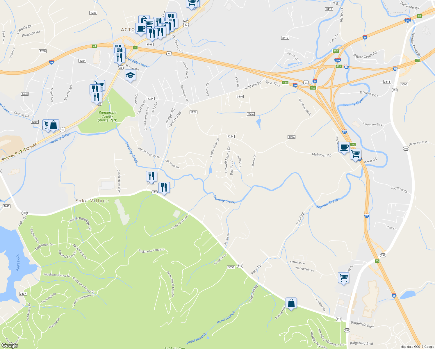map of restaurants, bars, coffee shops, grocery stores, and more near 21 Slosman Drive in Asheville