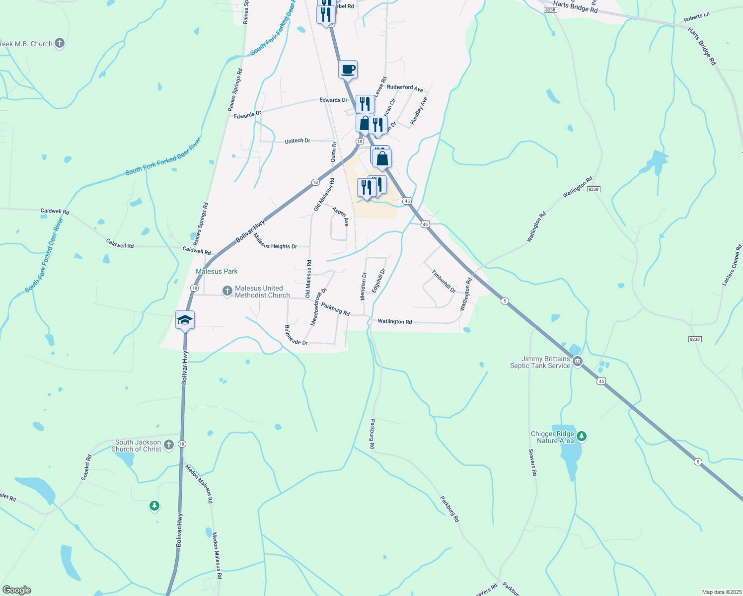 map of restaurants, bars, coffee shops, grocery stores, and more near 18 Edgehill Dr in Jackson