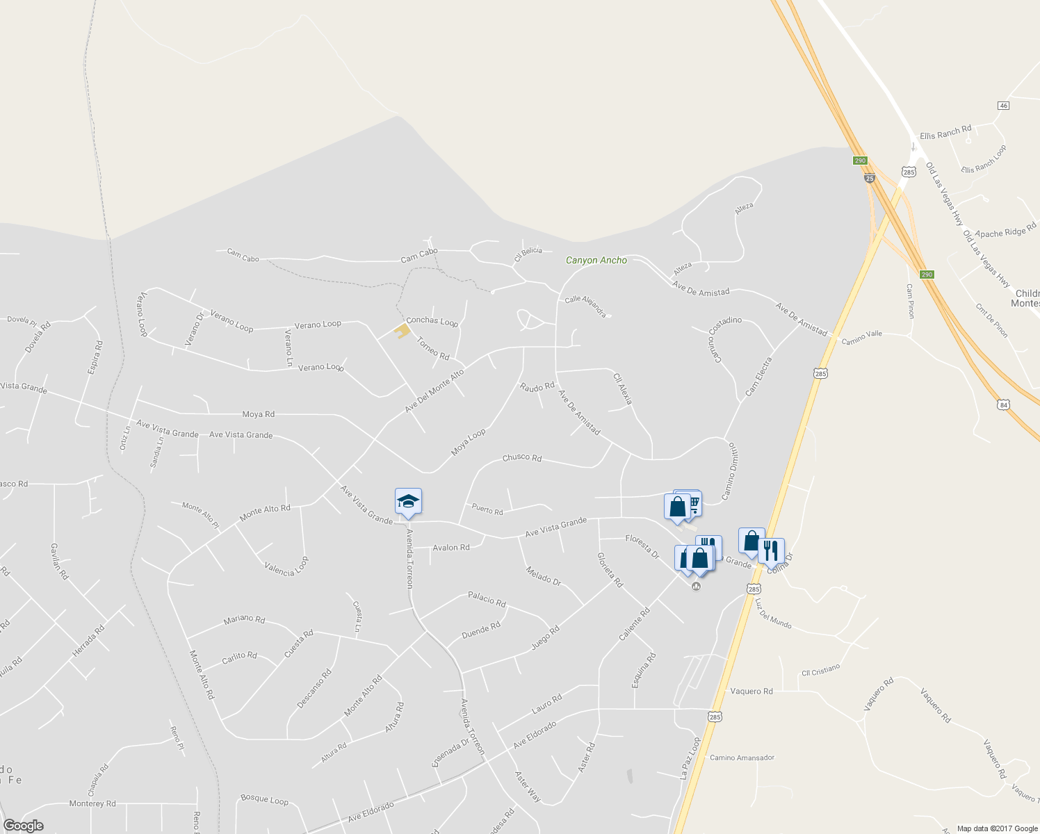map of restaurants, bars, coffee shops, grocery stores, and more near 11 Moya Loop in Santa Fe