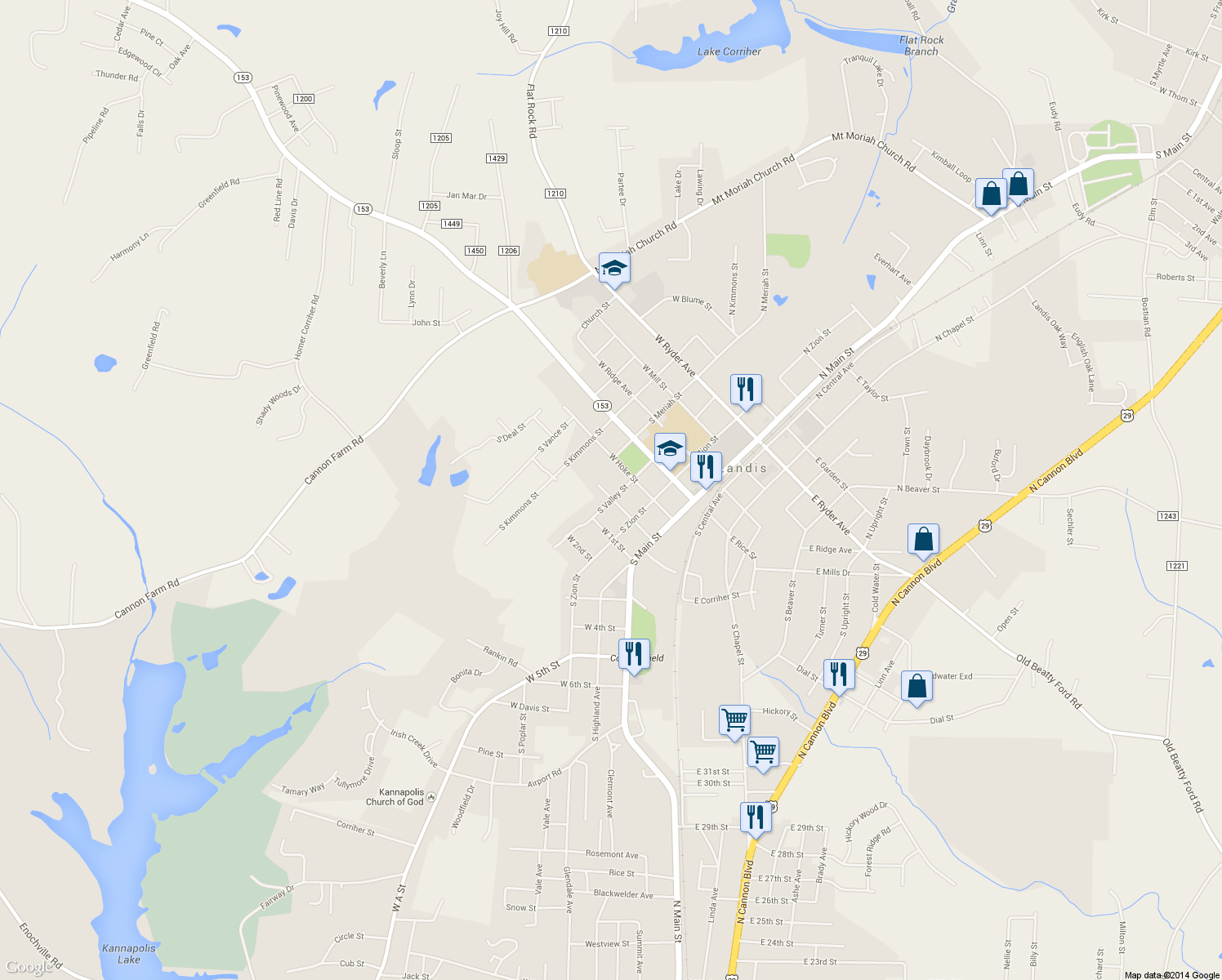 map of restaurants, bars, coffee shops, grocery stores, and more near 514 South Valley Street in Landis