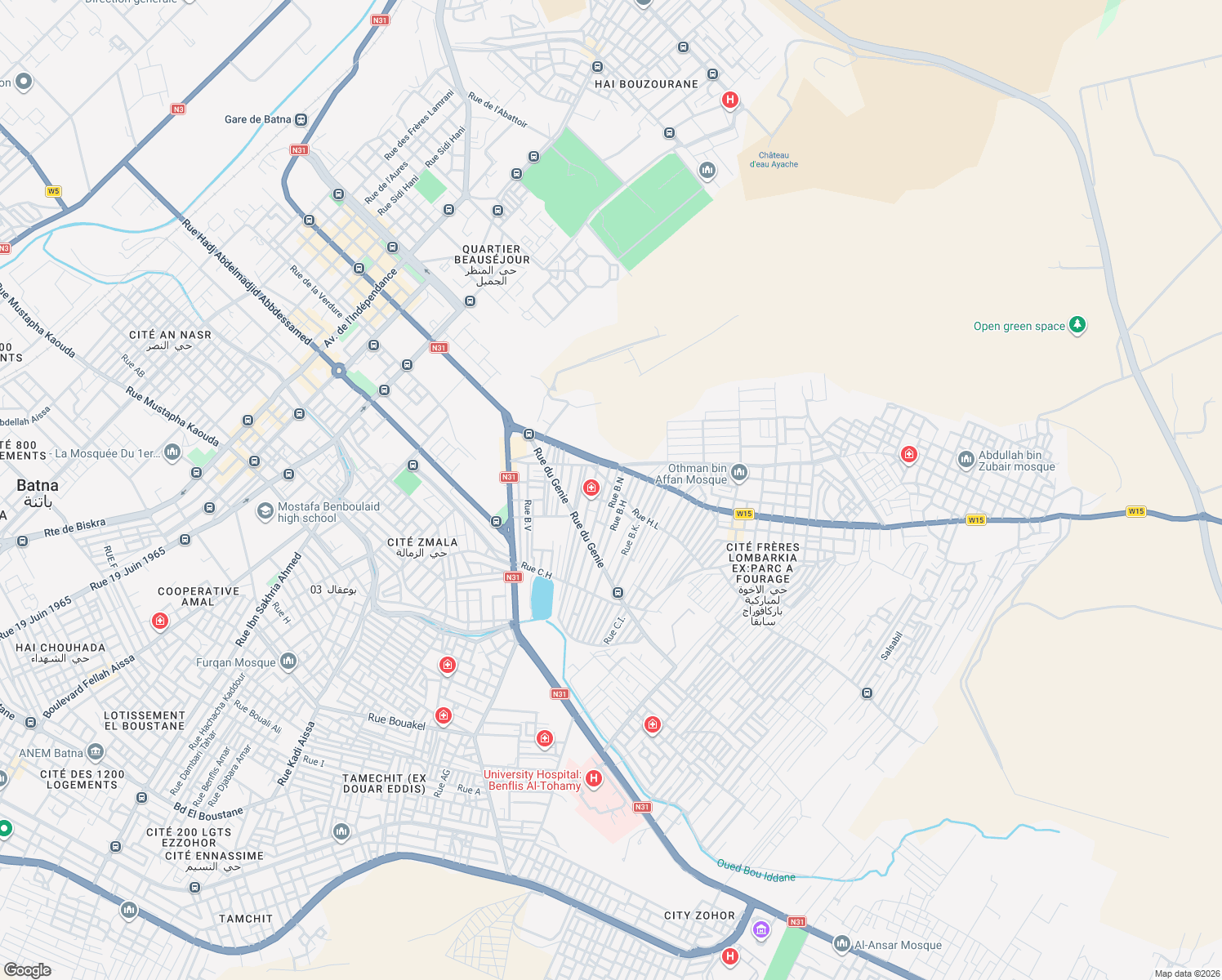 map of restaurants, bars, coffee shops, grocery stores, and more near Rue H.E in Batna
