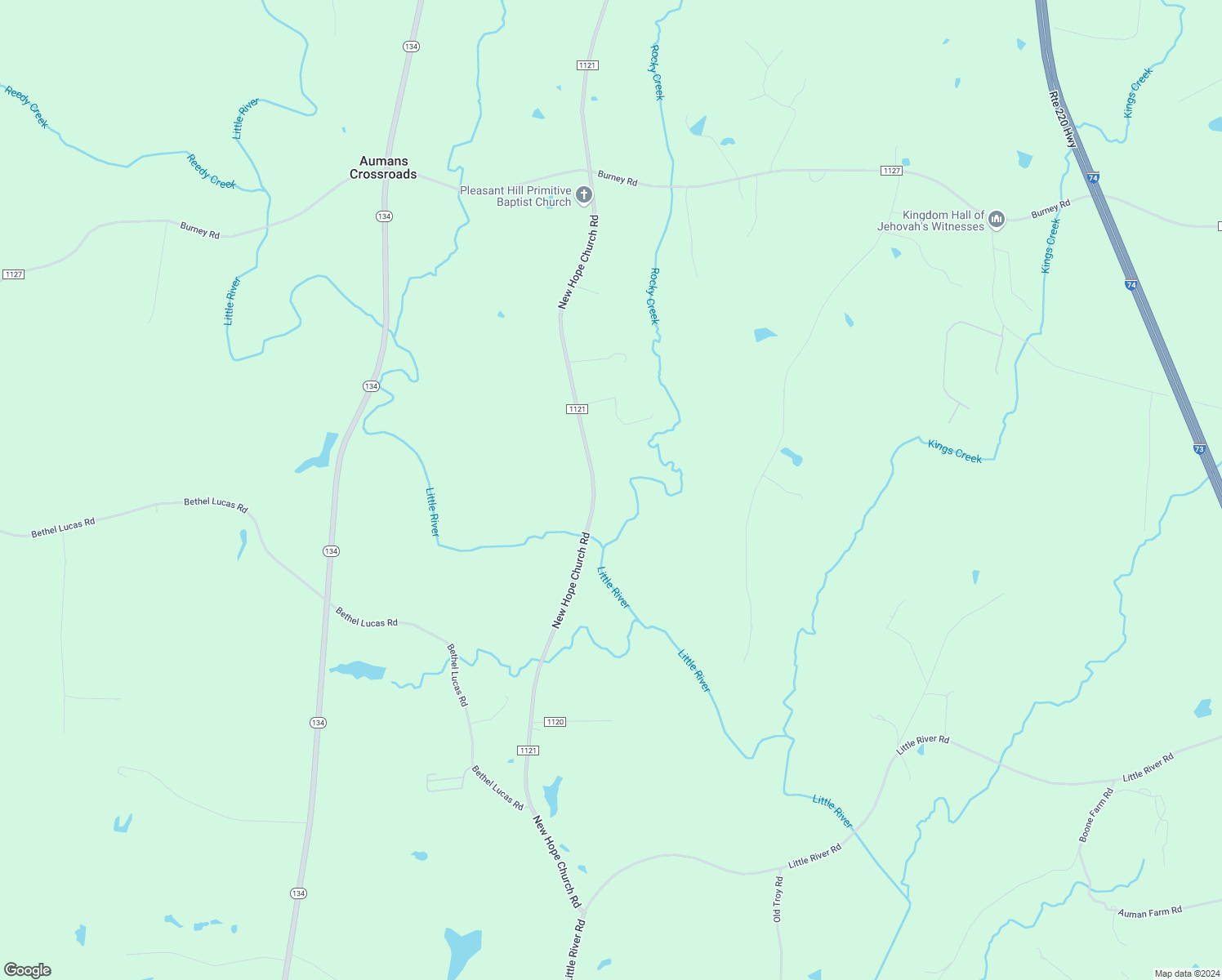 map of restaurants, bars, coffee shops, grocery stores, and more near 5617 New Hope Church Road in Asheboro