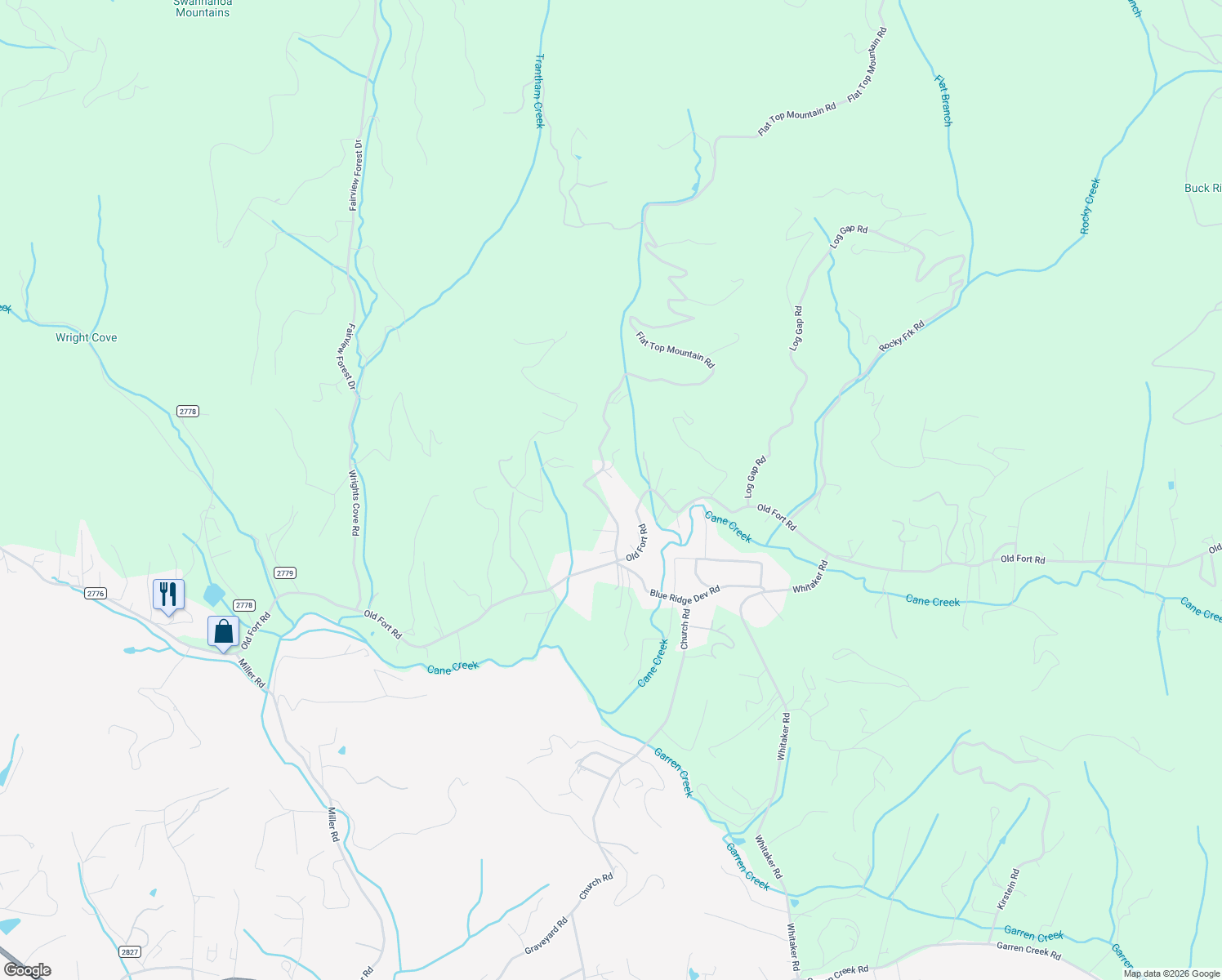 map of restaurants, bars, coffee shops, grocery stores, and more near 47 Flat Top Mountain Road in Fairview