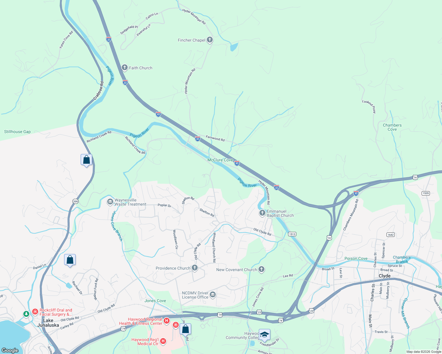 map of restaurants, bars, coffee shops, grocery stores, and more near 382 Richland Creek Road in Clyde