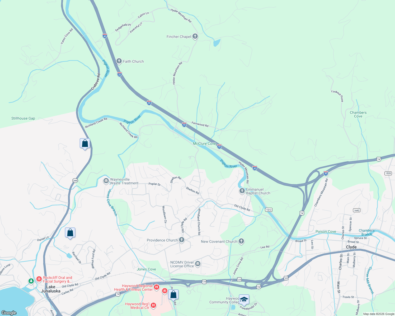 map of restaurants, bars, coffee shops, grocery stores, and more near 382 Richland Creek Road in Clyde