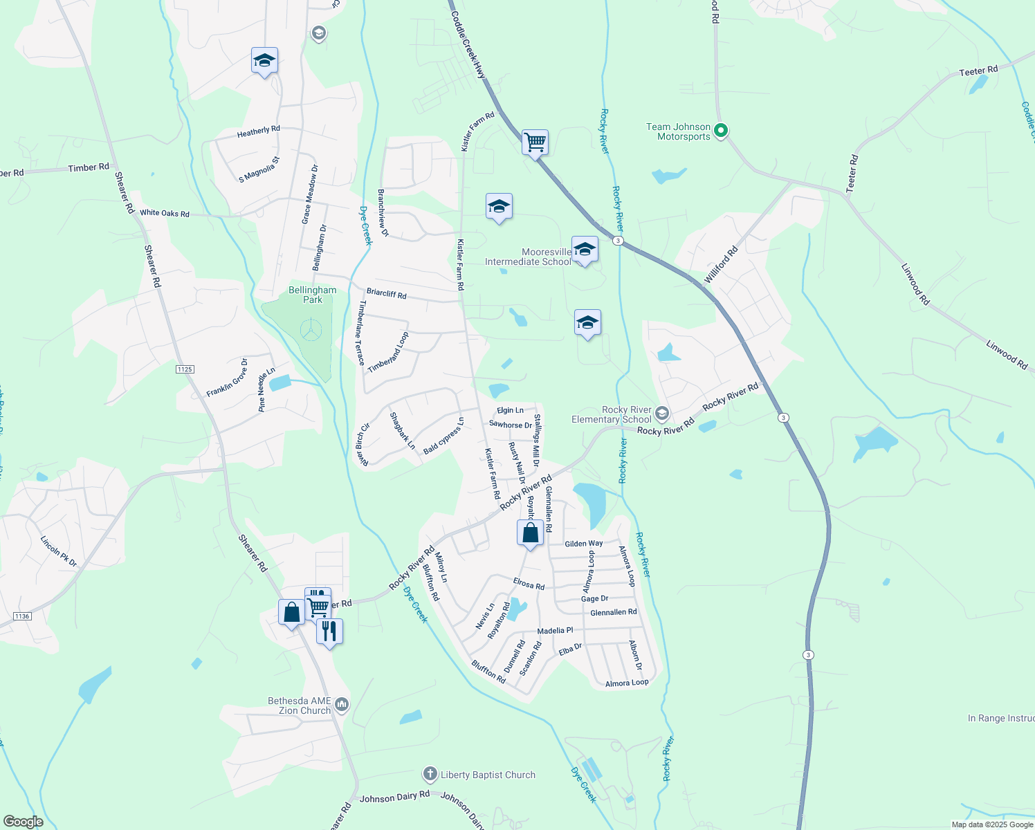 map of restaurants, bars, coffee shops, grocery stores, and more near 134 Elgin Lane in Mooresville