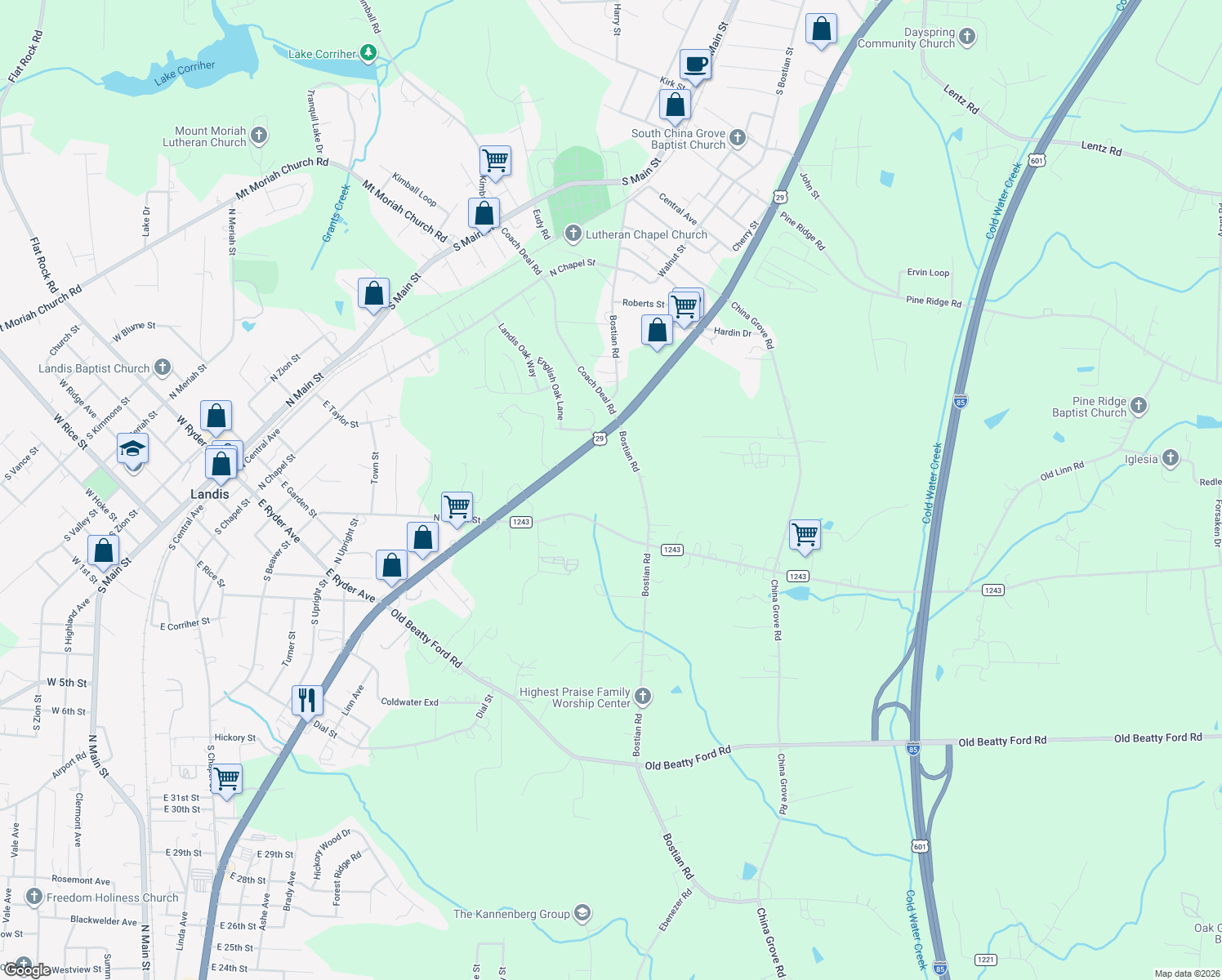 map of restaurants, bars, coffee shops, grocery stores, and more near 1075 Bostian Road in China Grove