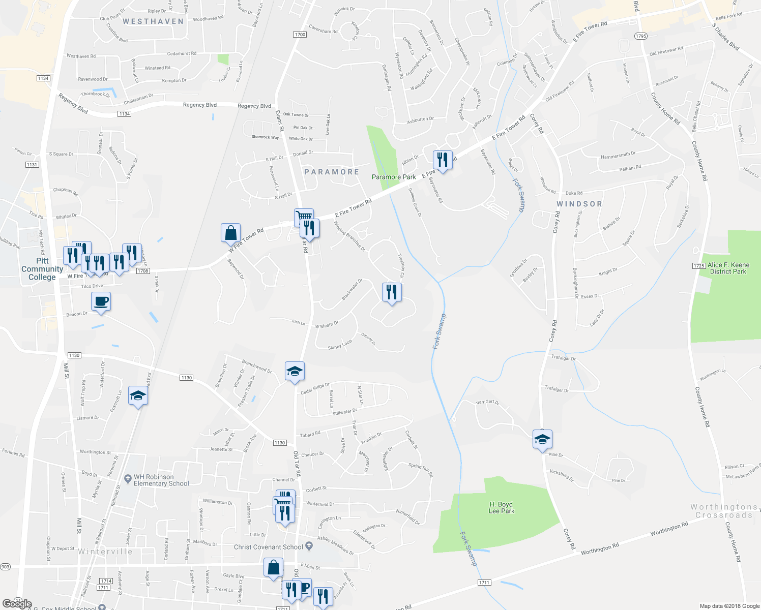 map of restaurants, bars, coffee shops, grocery stores, and more near 4532 Lagan Circle in Winterville