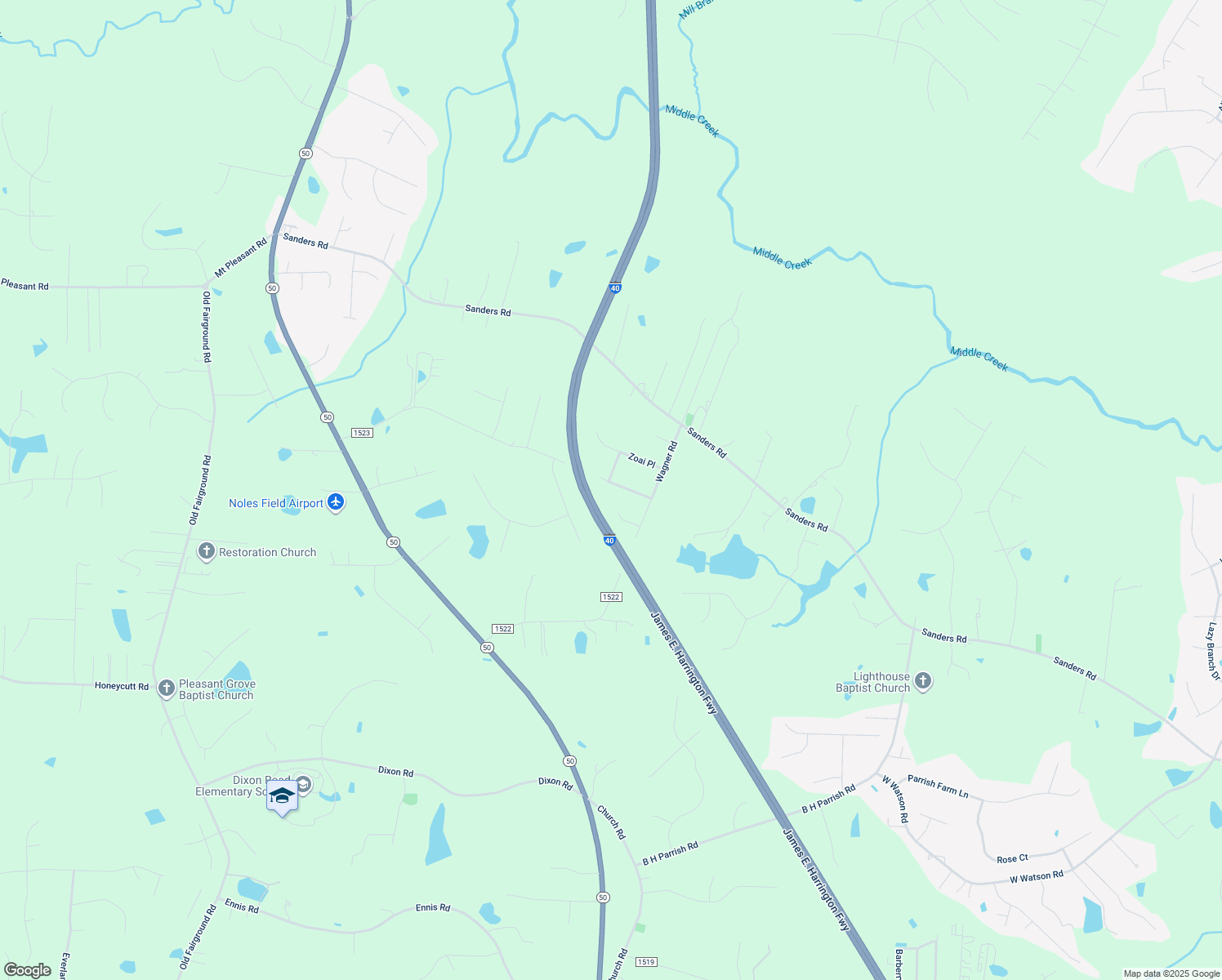map of restaurants, bars, coffee shops, grocery stores, and more near 271 Wagner Road in Johnston County