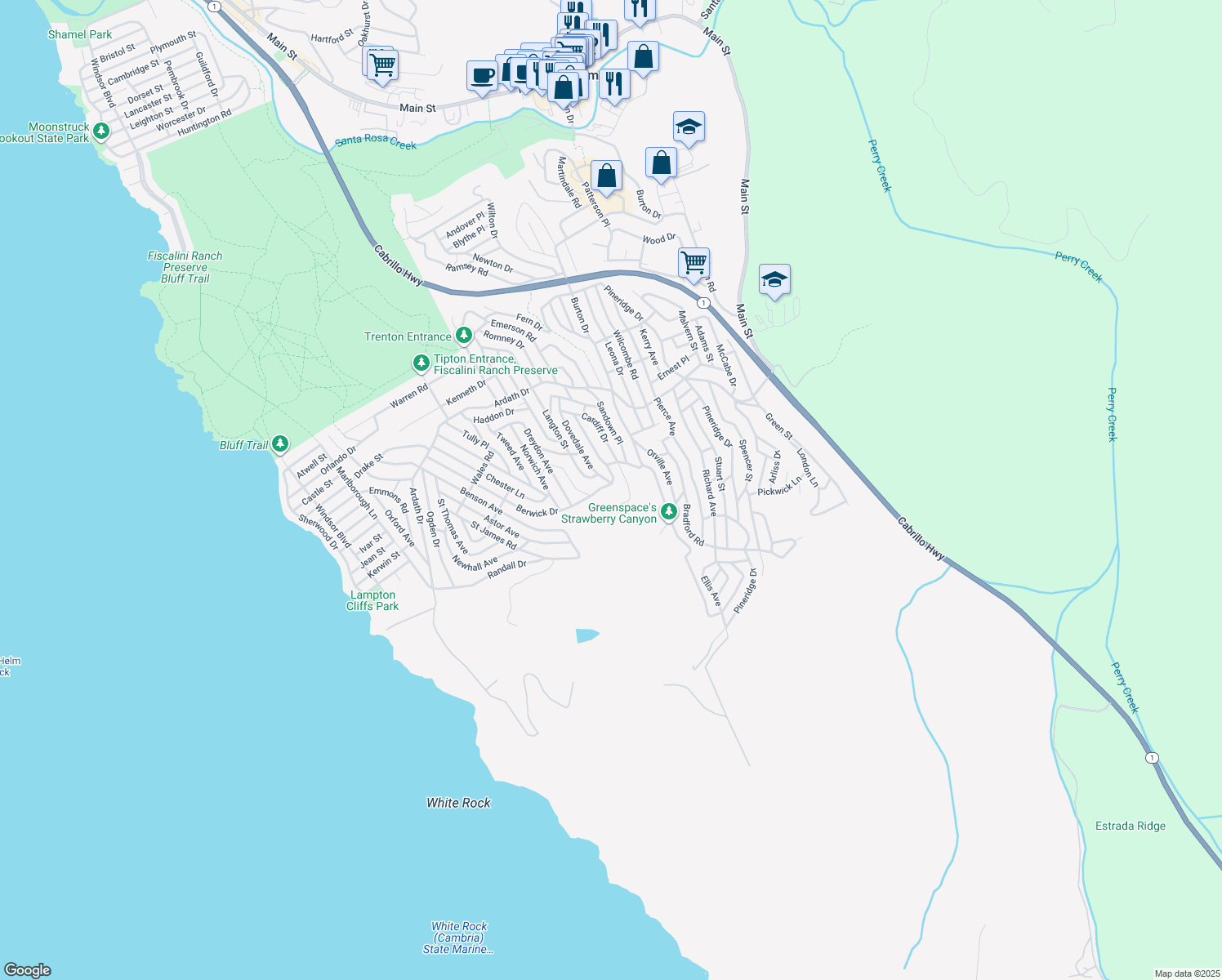 map of restaurants, bars, coffee shops, grocery stores, and more near 1324 Berwick Drive in Cambria