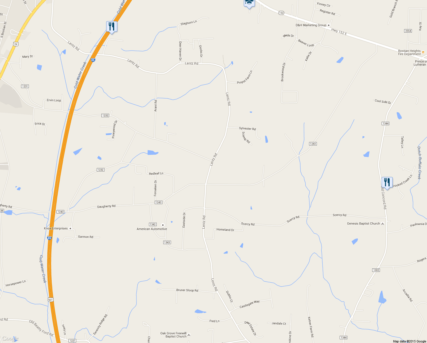 map of restaurants, bars, coffee shops, grocery stores, and more near 2720 Lentz Road in China Grove
