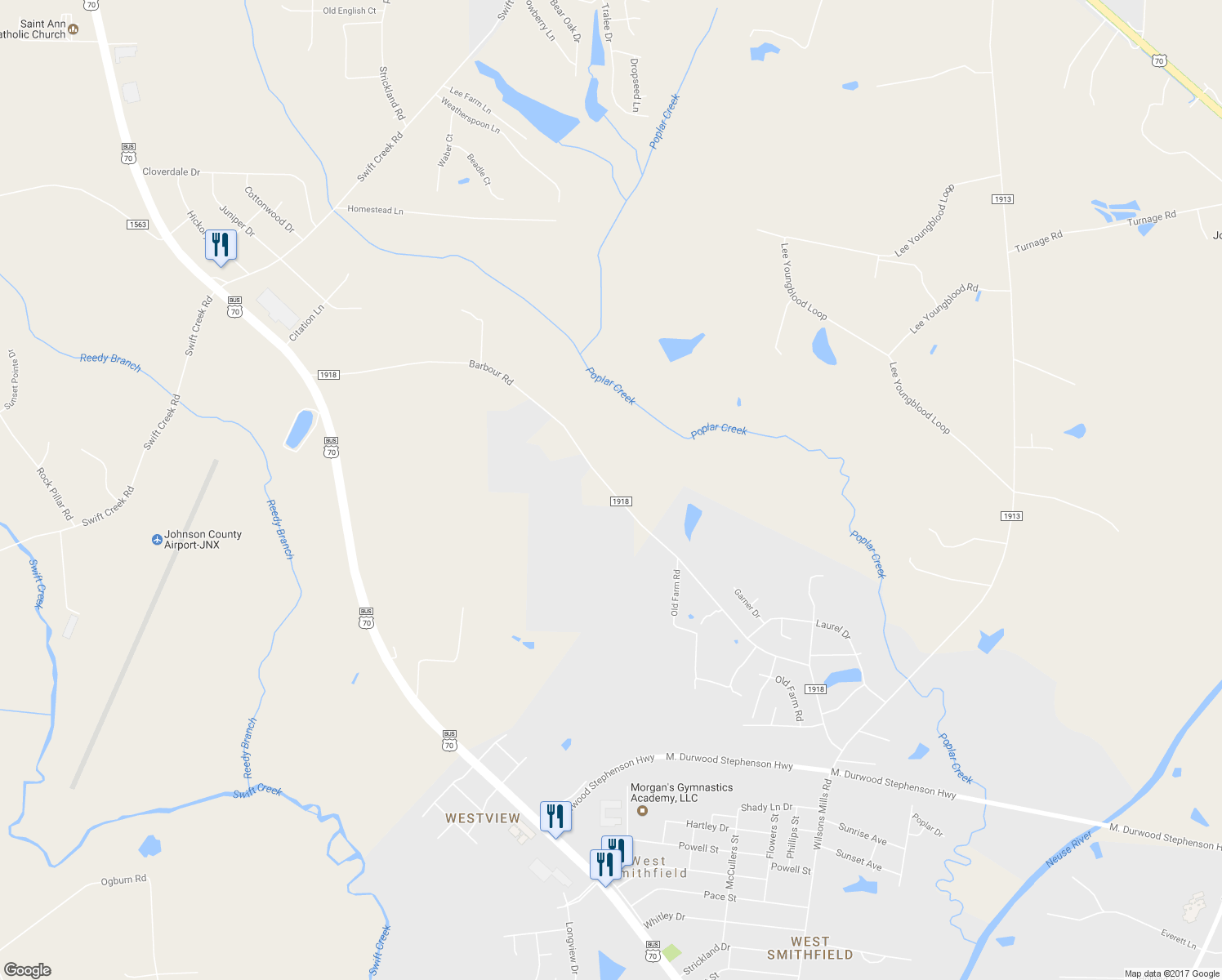 map of restaurants, bars, coffee shops, grocery stores, and more near Barbour Road in Smithfield