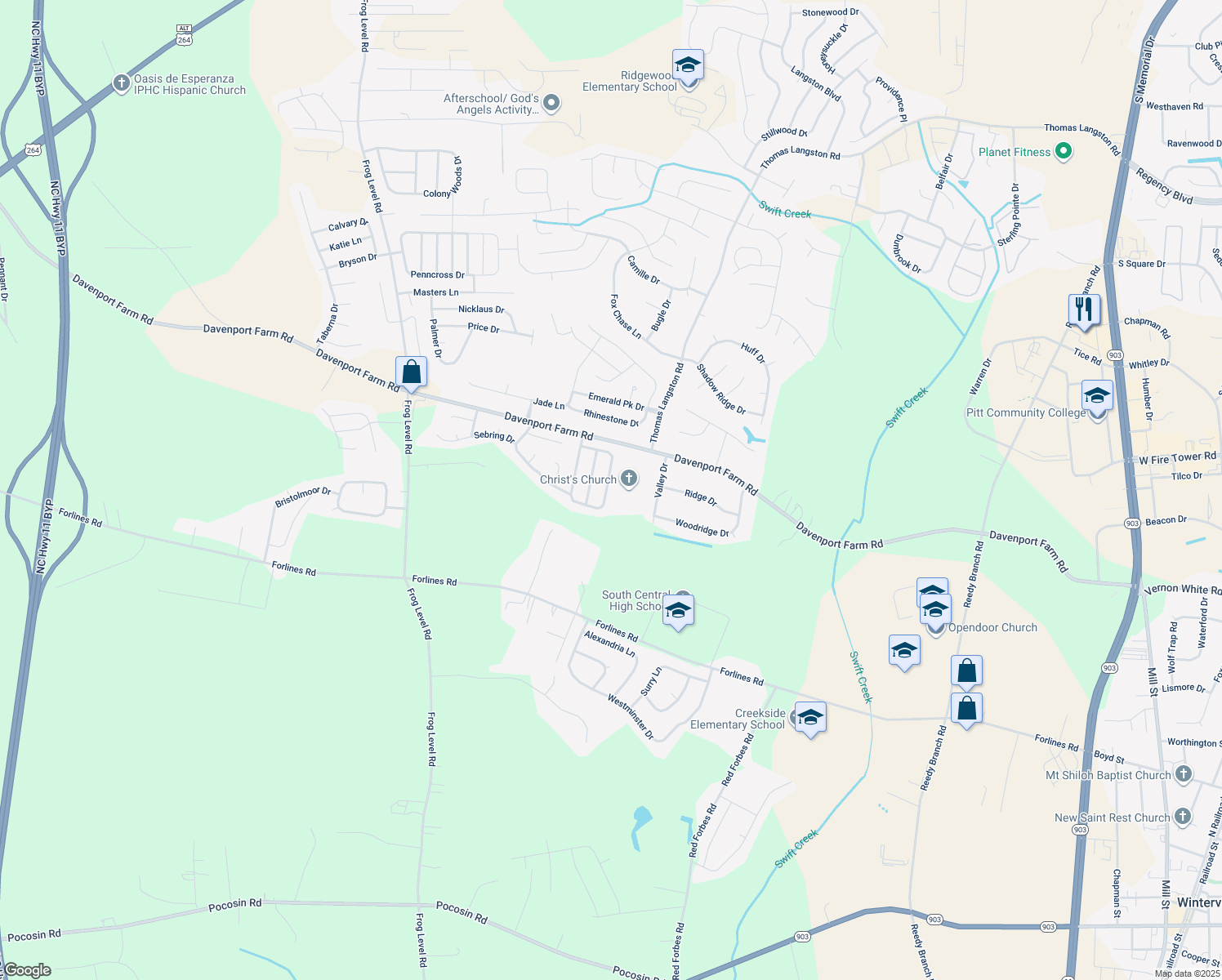 map of restaurants, bars, coffee shops, grocery stores, and more near 2528 Saddleback Drive in Winterville