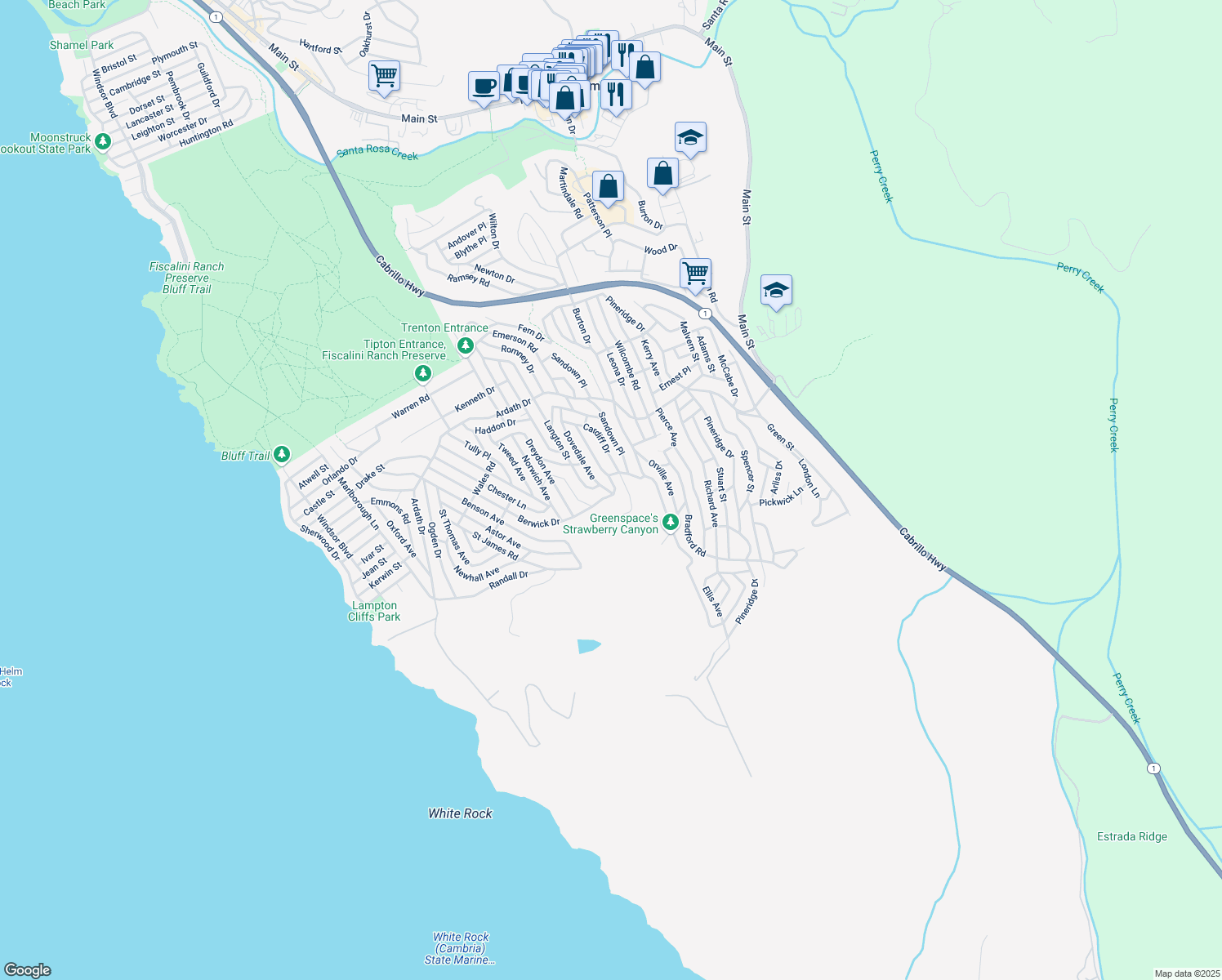 map of restaurants, bars, coffee shops, grocery stores, and more near 1324 Berwick Drive in Cambria