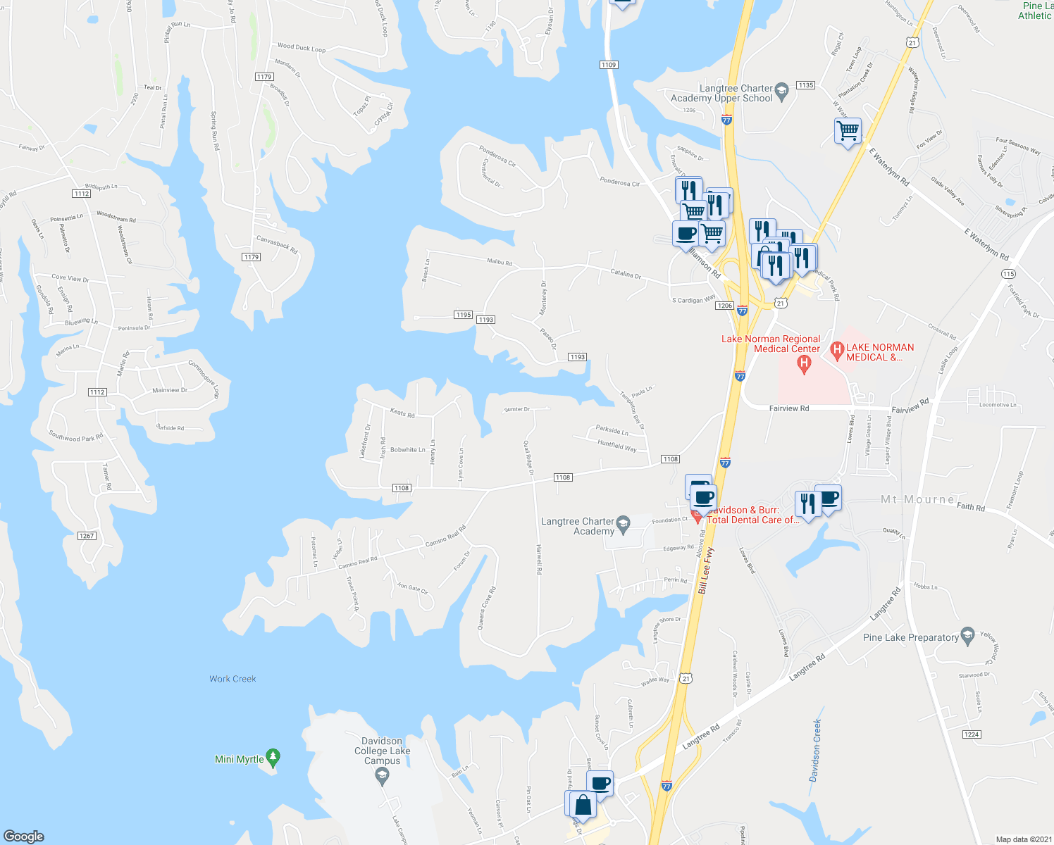 map of restaurants, bars, coffee shops, grocery stores, and more near 264 Templeton Rd in Mooresville