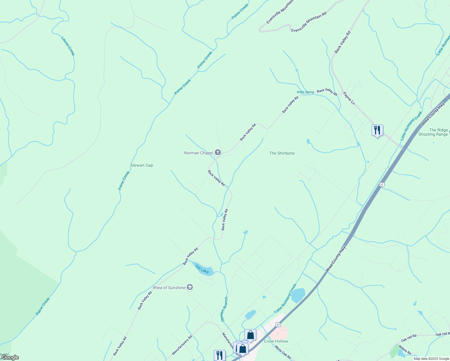 map of restaurants, bars, coffee shops, grocery stores, and more near 4240 Back Valley Road in Evensville
