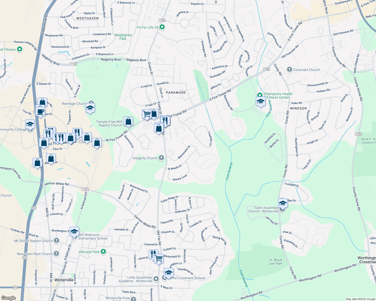 map of restaurants, bars, coffee shops, grocery stores, and more near 160 Blackwater Drive in Winterville