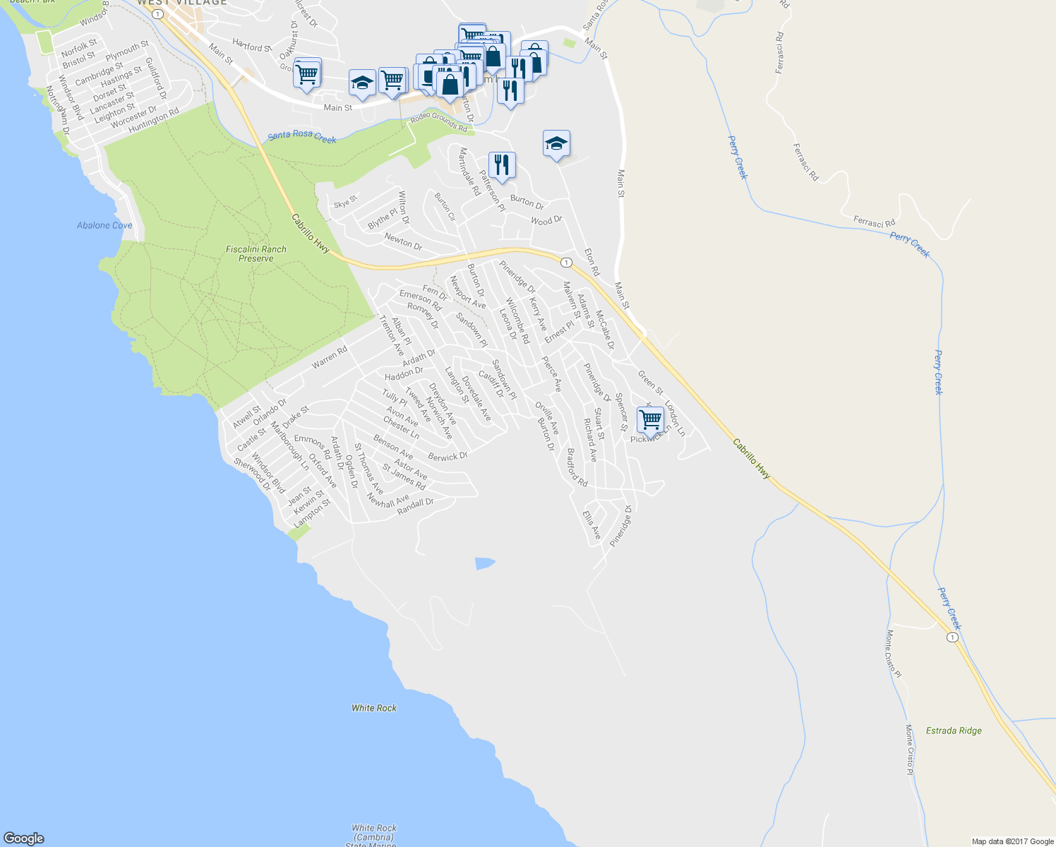 map of restaurants, bars, coffee shops, grocery stores, and more near 1221 Berwick Drive in Cambria