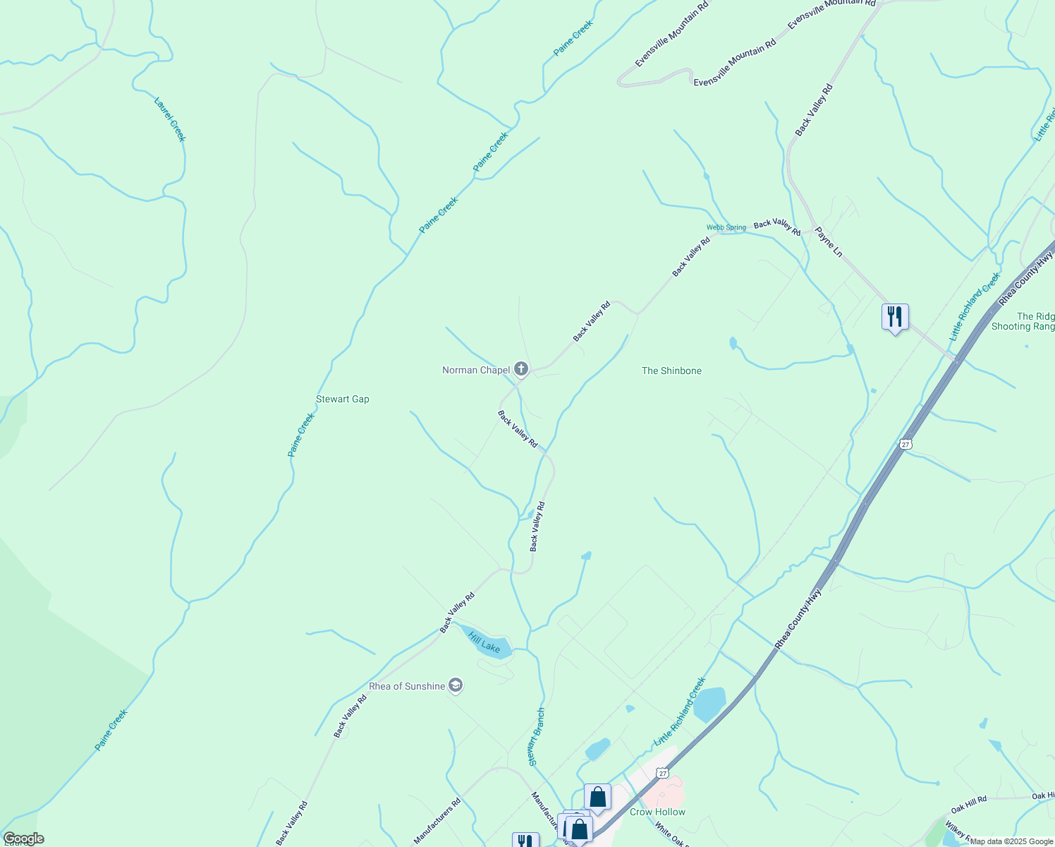map of restaurants, bars, coffee shops, grocery stores, and more near 4240 Back Valley Road in Evensville