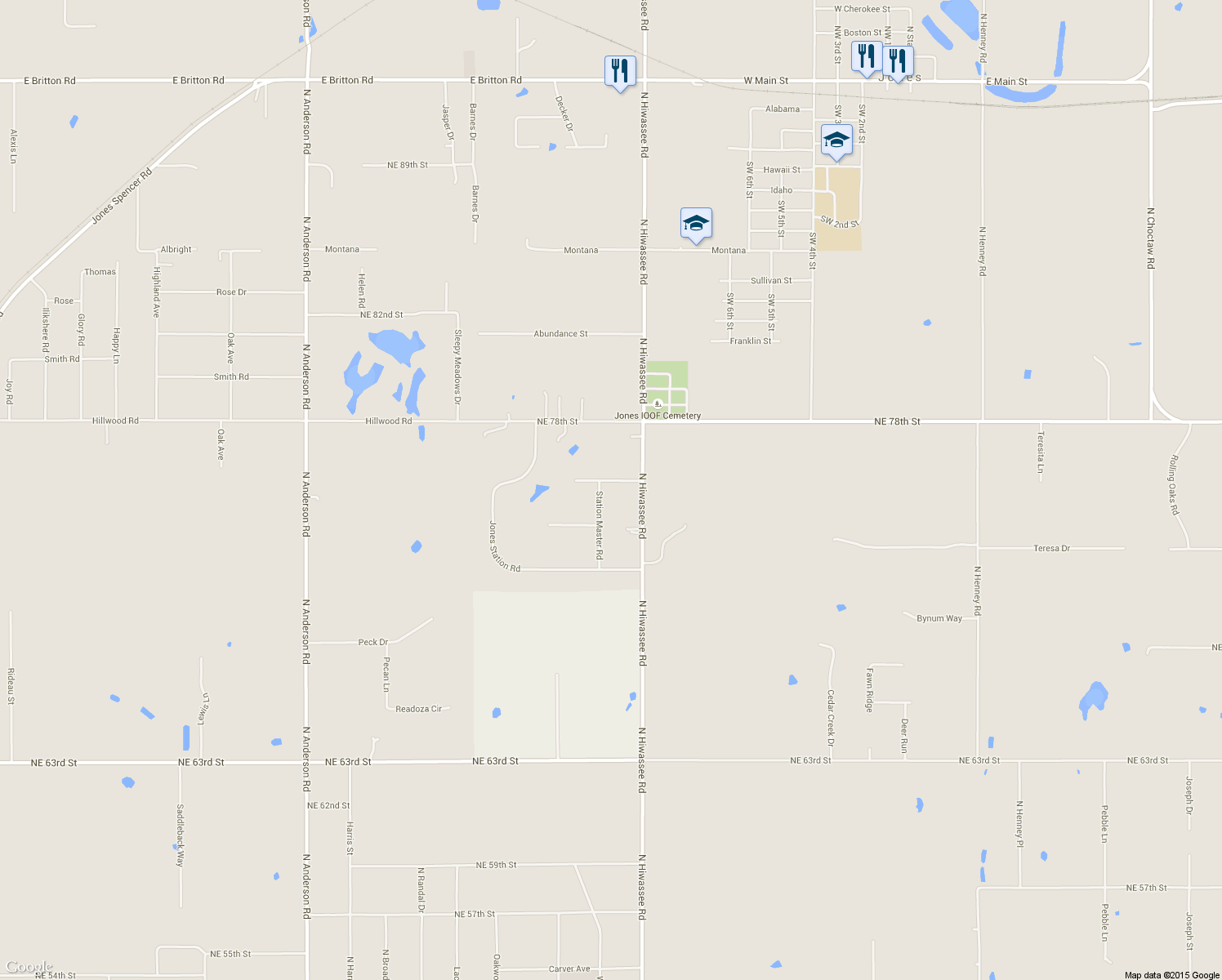 map of restaurants, bars, coffee shops, grocery stores, and more near 7524 Station Master Road in Jones