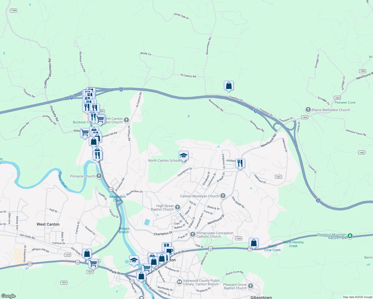 map of restaurants, bars, coffee shops, grocery stores, and more near 376 Warner Road in Canton
