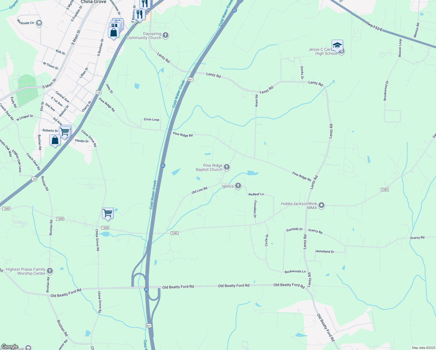map of restaurants, bars, coffee shops, grocery stores, and more near 845 Old Linn Rd in China Grove
