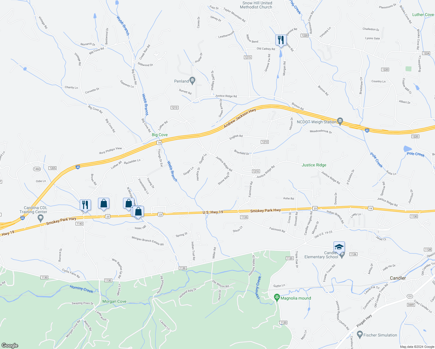 map of restaurants, bars, coffee shops, grocery stores, and more near 27 Heatherly Drive in Candler