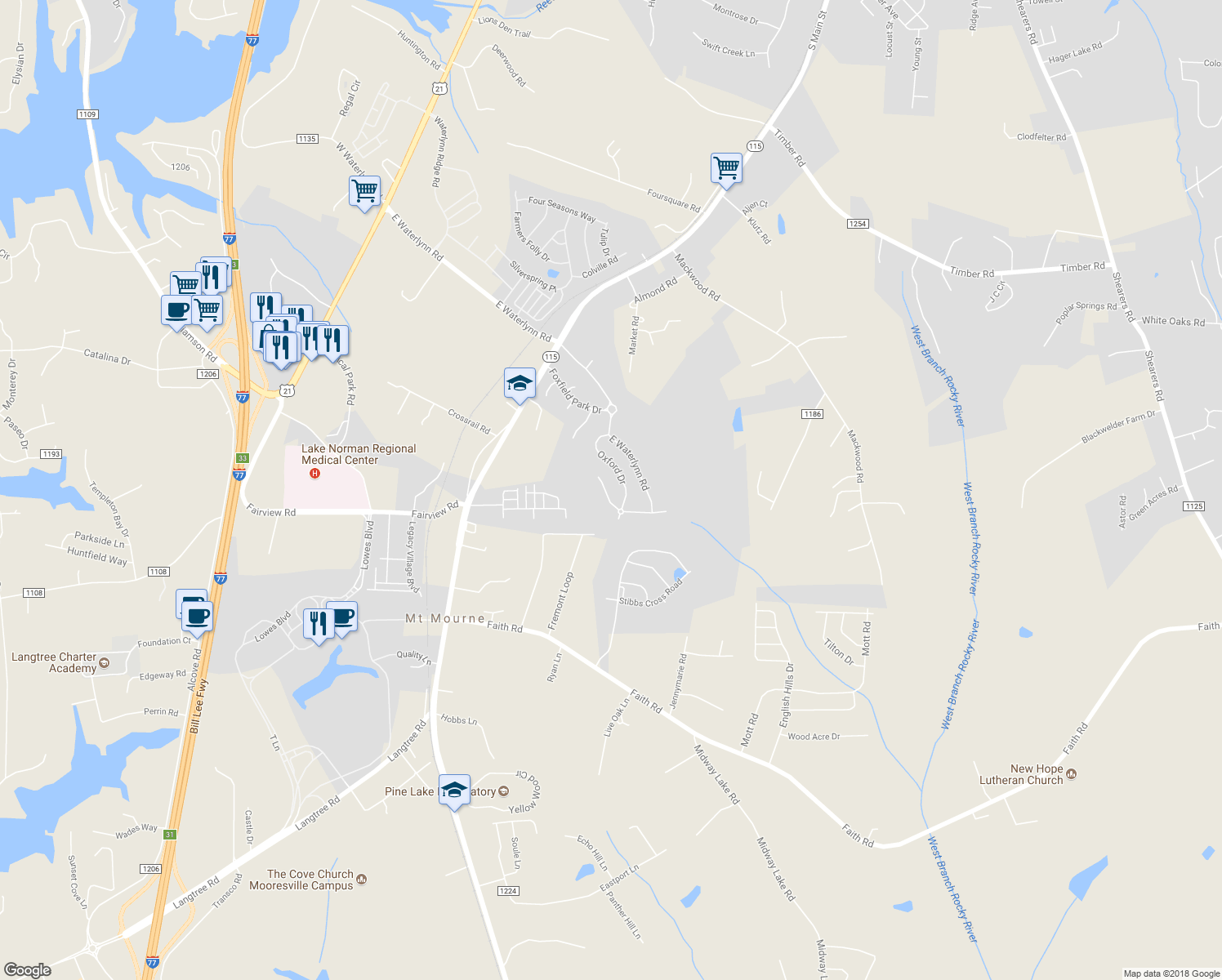 map of restaurants, bars, coffee shops, grocery stores, and more near 183 Alexandria Drive in Mooresville