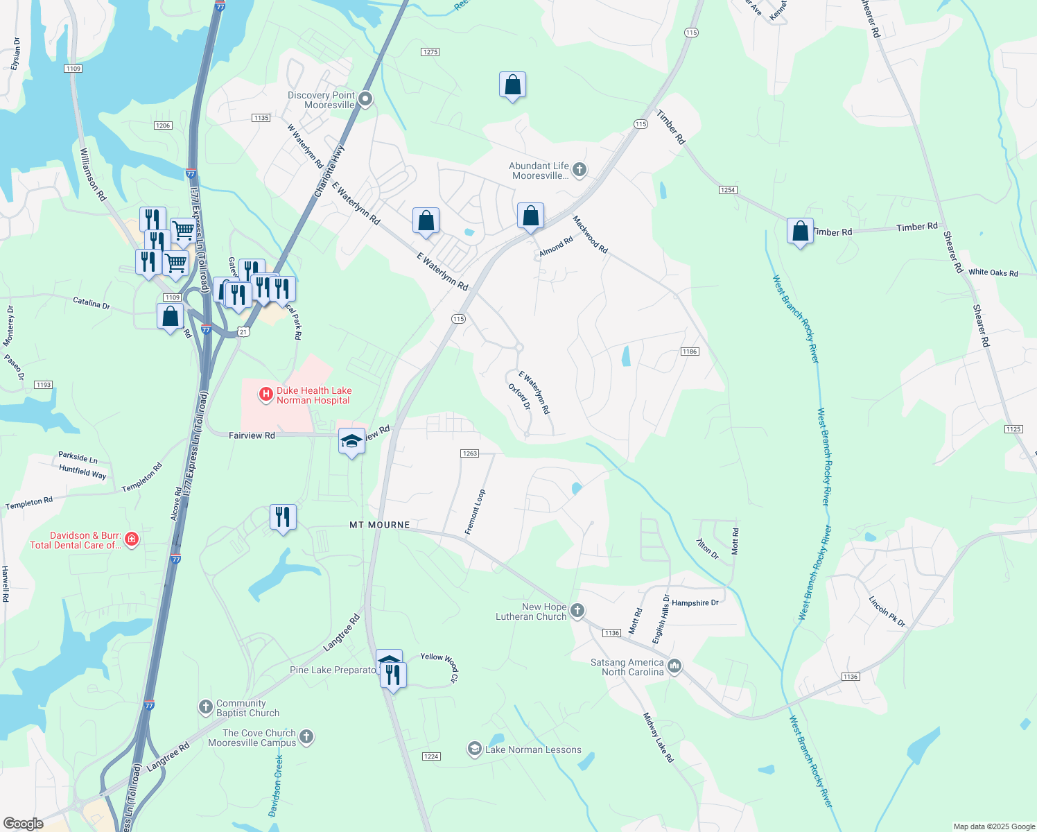 map of restaurants, bars, coffee shops, grocery stores, and more near 183 Alexandria Drive in Mooresville