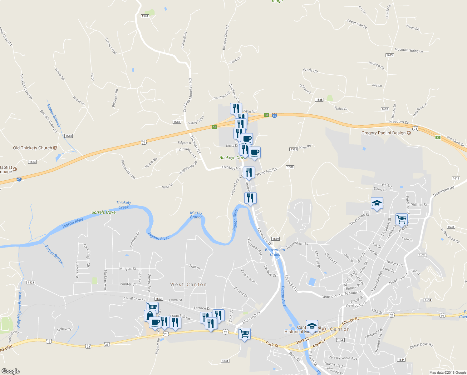 map of restaurants, bars, coffee shops, grocery stores, and more near 200 Pigeon Ford Road in Canton