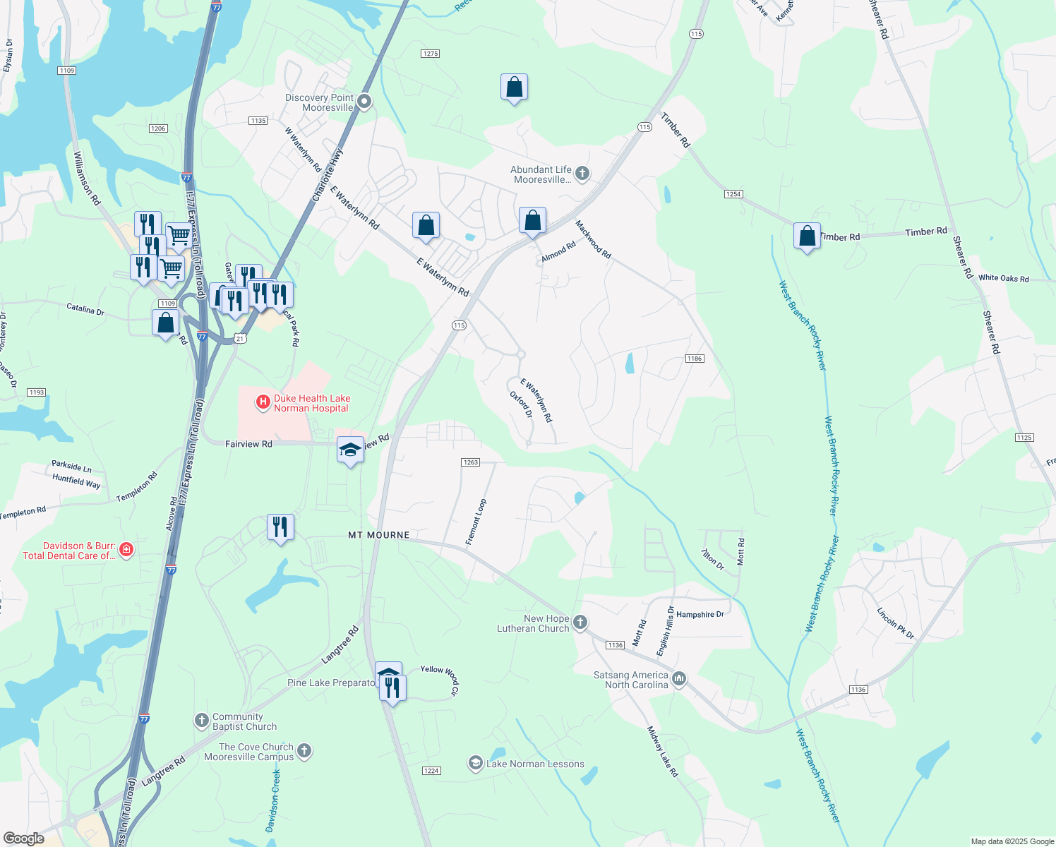 map of restaurants, bars, coffee shops, grocery stores, and more near 158 Oxford Drive in Mooresville