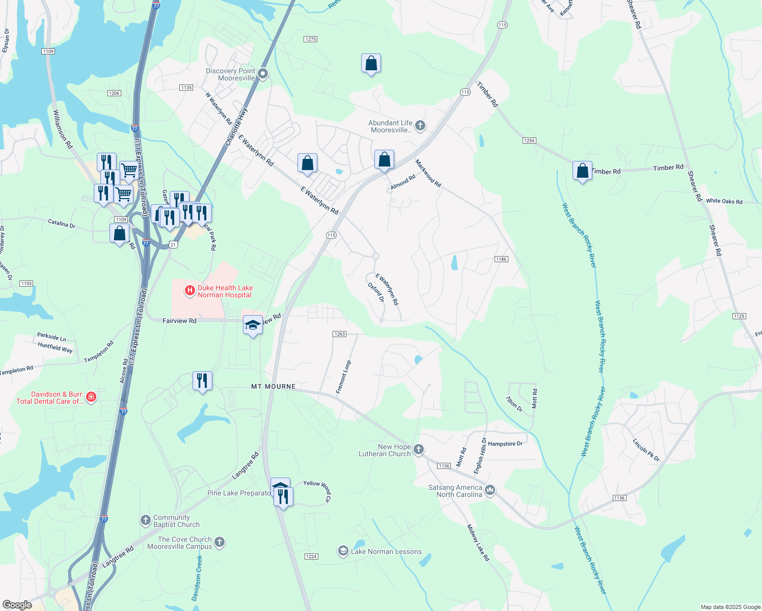 map of restaurants, bars, coffee shops, grocery stores, and more near 158 Oxford Drive in Mooresville