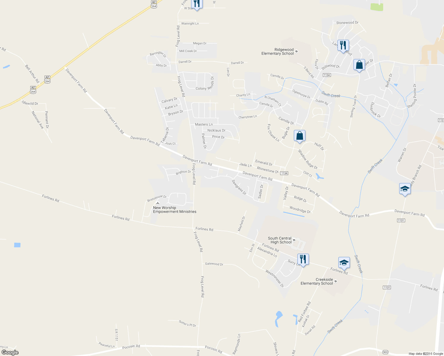 map of restaurants, bars, coffee shops, grocery stores, and more near 909 Sebring Drive in Winterville