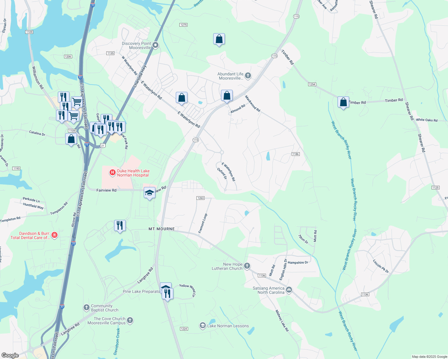 map of restaurants, bars, coffee shops, grocery stores, and more near 154 Oxford Drive in Mooresville