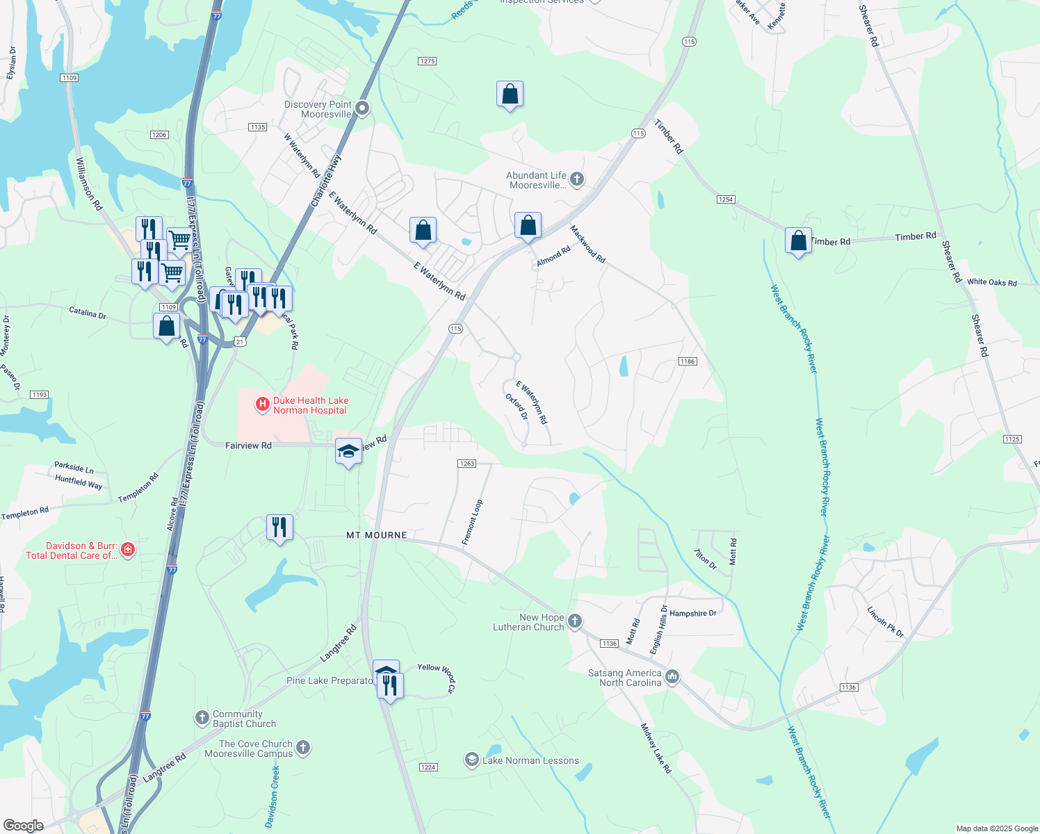 map of restaurants, bars, coffee shops, grocery stores, and more near 150 Oxford Drive in Mooresville