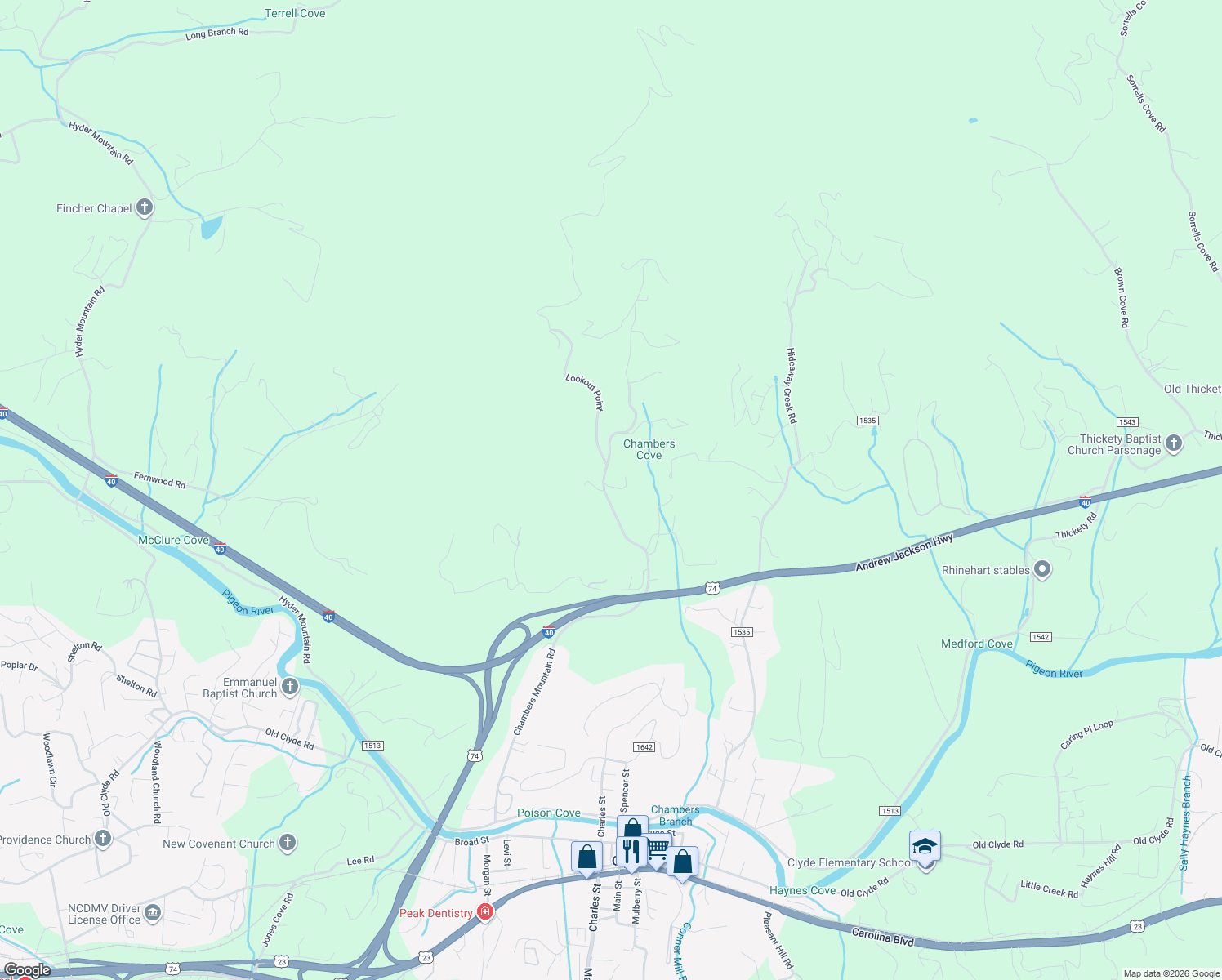 map of restaurants, bars, coffee shops, grocery stores, and more near 1254 Chambers Mountain Road in Clyde